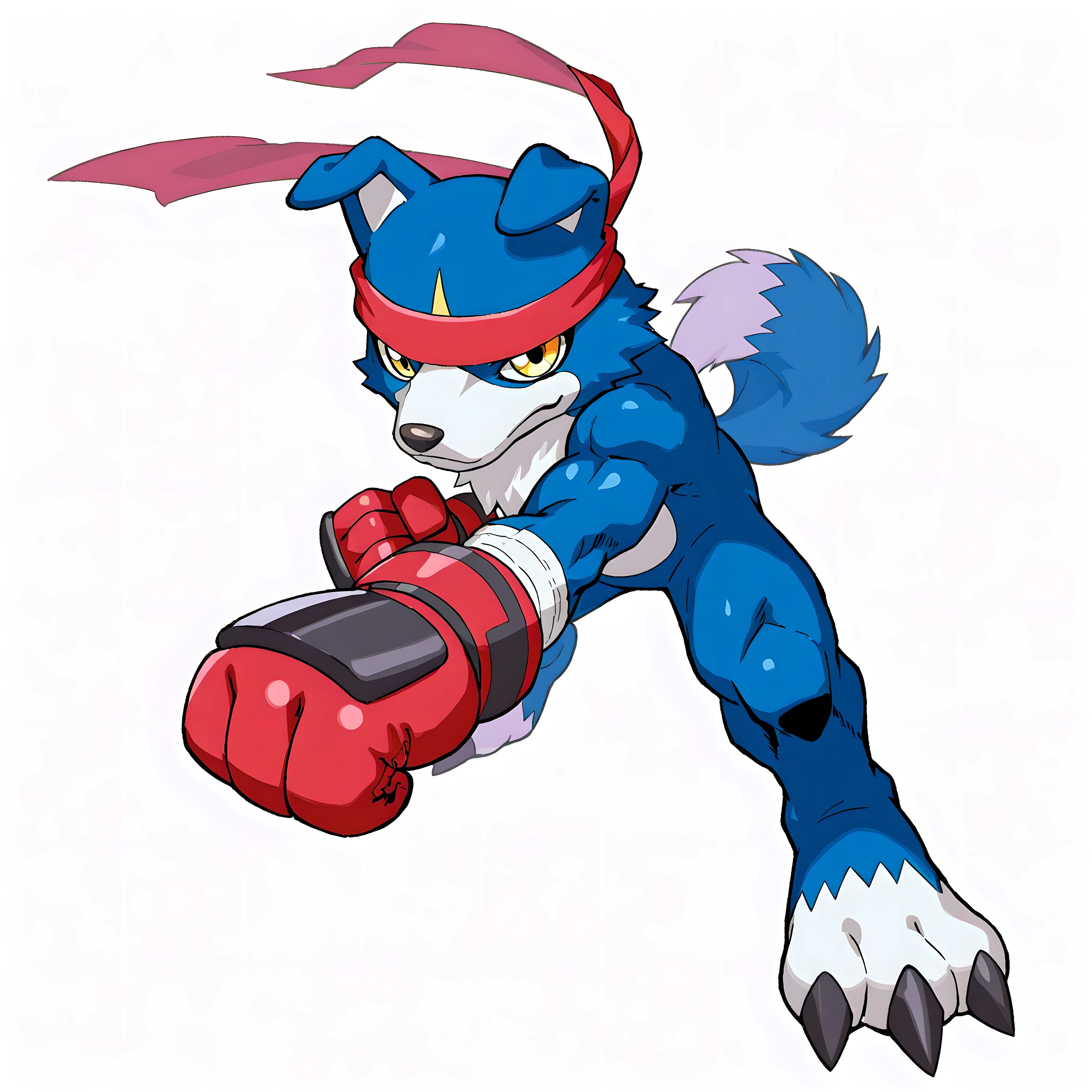 gaomon, digimon (creature), dog boy, blue body, furry, dog, blue fur, yellow eyes, headband, high quality, male, solo, white background, no background, big, looking at viewer, posing, wearing boxing gloves, boxing pose, action pose, muscular