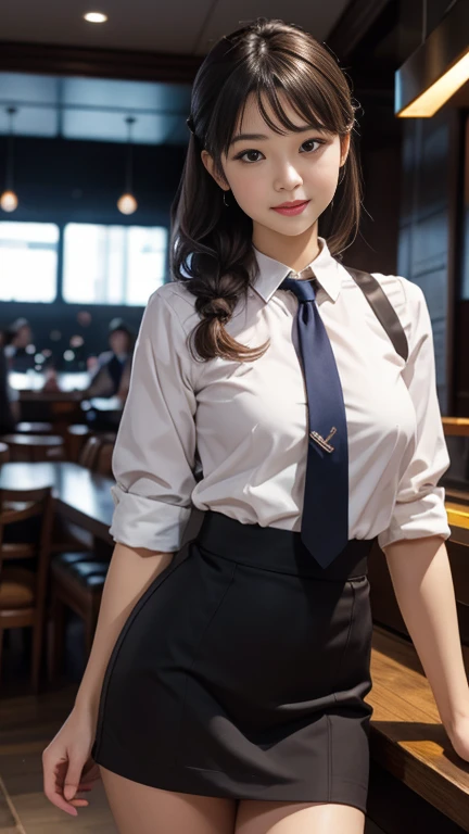(Top Quality, Masterpiece: 1.1), (Real: 1.4), BREAK (((FF7))) (((Tifa))),crowd,face focus:1.2,looking back:1.2,looking up:1.1, BREAK ((Light Brown Hair, Large breasts: 1.2)),(cafe:1.2,waitress:1.2), BREAK (white shirt, collared shirt, black trousers, long sleeves,black apron),(No Bra) (Small and beautiful hard nipple), clothed,(shiny oiled skin: 1.4), about 18 years old,
