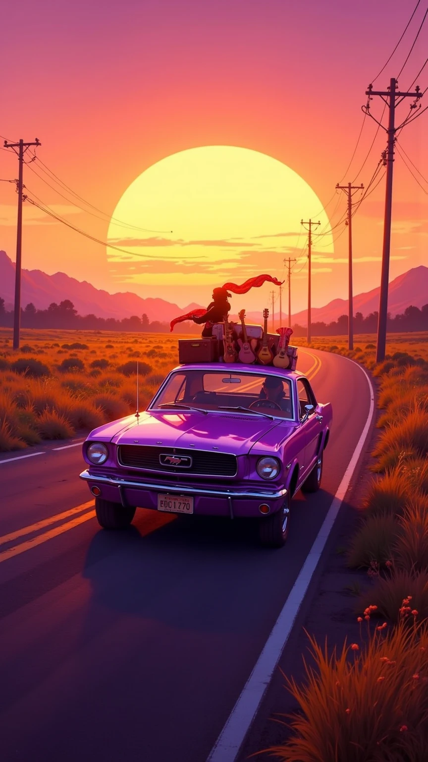 
American country road where the vast road continues、the sunset is red and orange、Dye purple。grassland and low mountains spreading on both sides of the road々。silhouetted telephone poles are lined up in the distance。classic vintage car（example：Ford Mustang or Volkswagen Bus）dyed purple runs through the road。silhouette of a person sticking out of a car window、 scarf fluttering in the wind。suitcases and guitars are piled up inside the car。warm light envelops the landscape、atmosphere that makes you feel the freedom and nostalgia of travel。