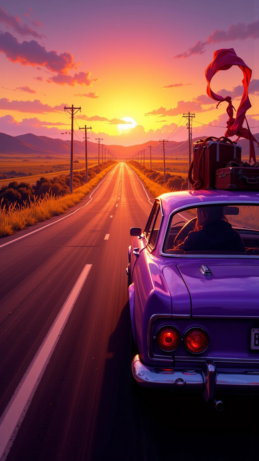 
American country road where the vast road continues、the sunset is red and orange、Dye purple。grassland and low mountains spreading on both sides of the road々。silhouetted telephone poles are lined up in the distance。classic vintage car（example：Ford Mustang or Volkswagen Bus）dyed purple runs through the road。silhouette of a person sticking out of a car window、 scarf fluttering in the wind。suitcases and guitars are piled up inside the car。warm light envelops the landscape、atmosphere that makes you feel the freedom and nostalgia of travel。