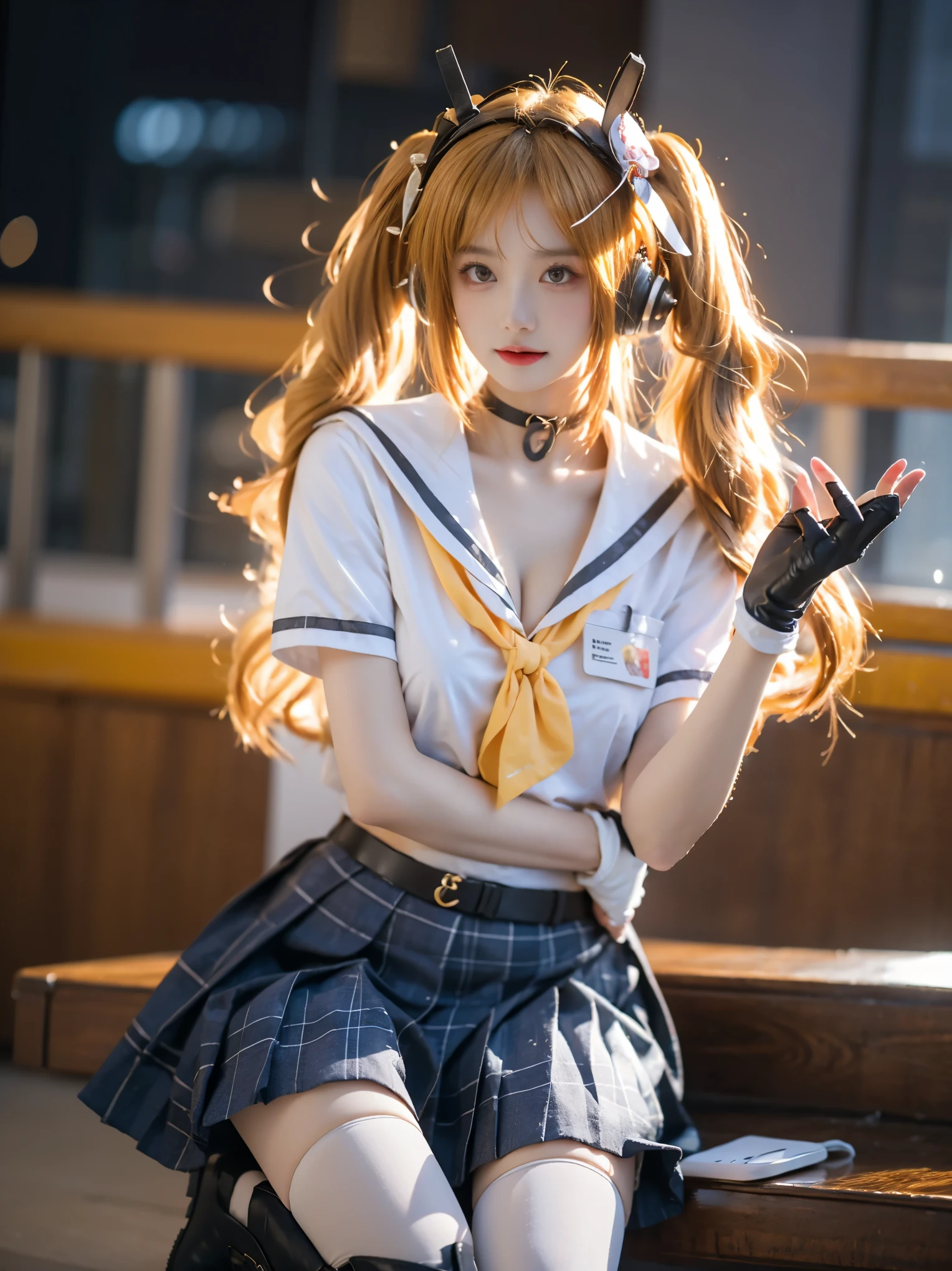 angela cosplay costume, cosplay, orange hair, long hair, twintails, drill hair, school uniform, serafuku, white shirt, shirt, plaid skirt, pleated skirt, sailor collar, choker, belt, gloves, fingerless gloves, bracelet, animal ear headphones, headphones, hair ornament, id card, name tag, single knee pad, bow, hair bow, thighhighs, white thighhighs, boots, ankle boots
(photorealistic:1.2), beautiful asian woman, (Full bust, visible cleavage, very short hemline), (Beautiful romantic style), fashion model, (anatomically correct legs:1.3), (perfect leg anatomy:1.2), (slim long legs, smooth thighs:1.2), (Stand gracefully), (relaxed feminine pose:1.2), (Random scene, random pose, random shooting Angle), soft moonlight illumination, volumetric lighting, cinematic lighting, high detail skin texture, shallow depth of field, soft bokeh, 8k uhd, masterpiece quality