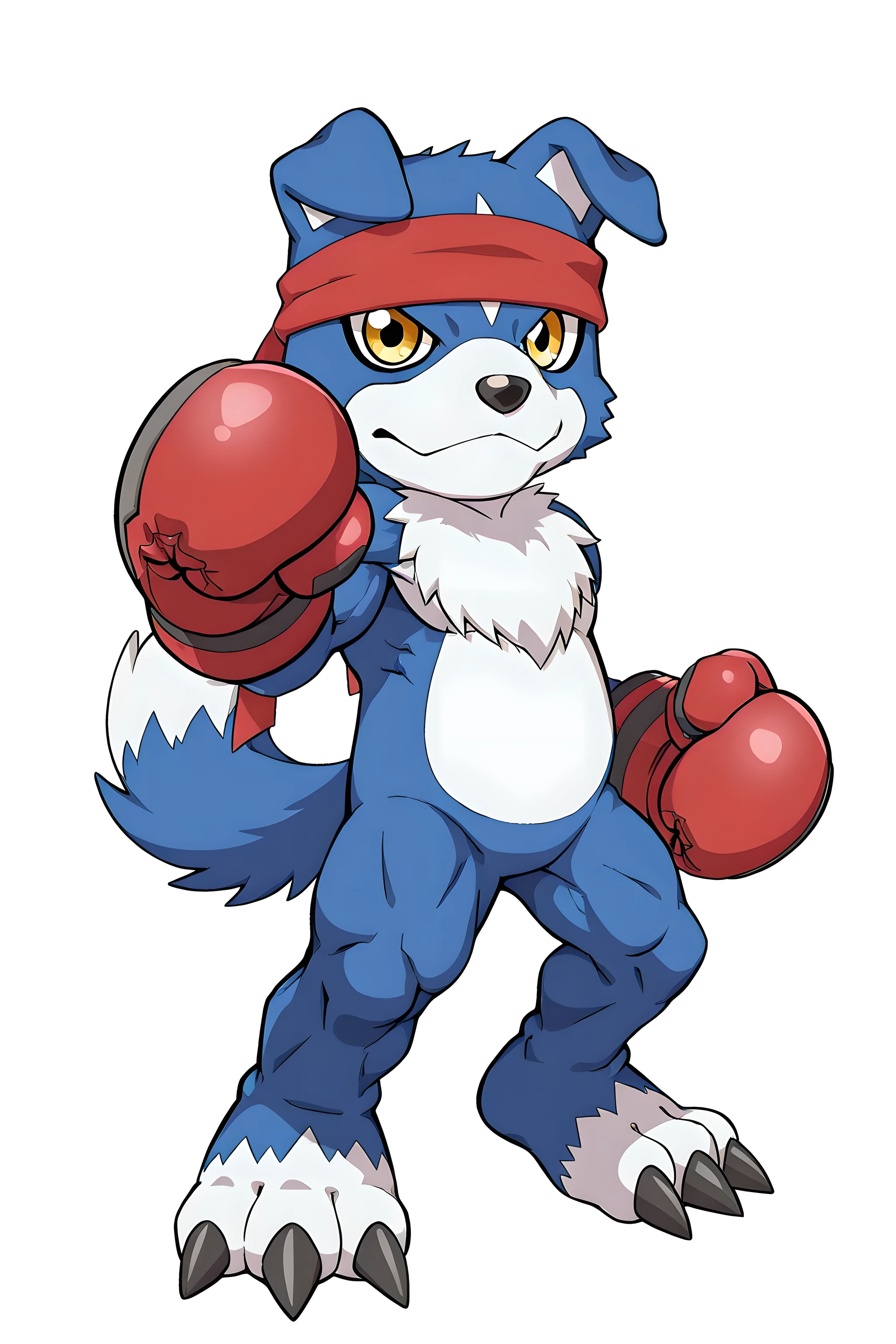gaomon, digimon (creature), dog boy, blue body, furry, dog, blue fur, yellow eyes, headband, high quality, male, solo, white background, no background, looking at viewer, full body, standing, wearing boxing gloves, boxing pose, gloves up, (muscular, muscular legs)