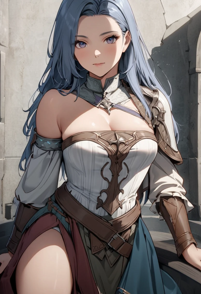 beautiful anatomy, ray tracing, very good quality, masterpiece, best quality, high resolution, Amira, long hair, bangs, big breasts, cowgirl shot, standing, outdoors, detailed face, detailed fingers, high quality