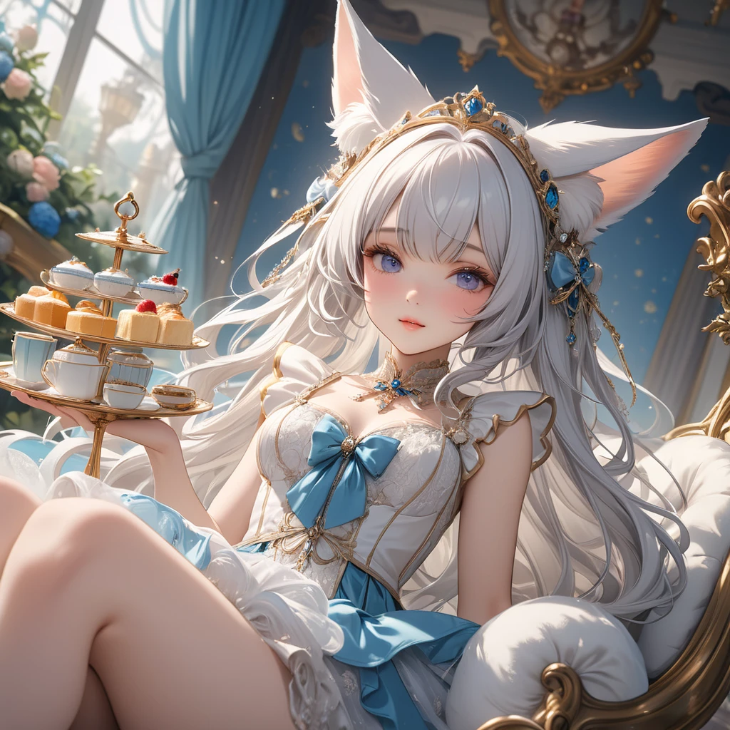 The girl happily plays with the little rabbit in the palace full of mirrors