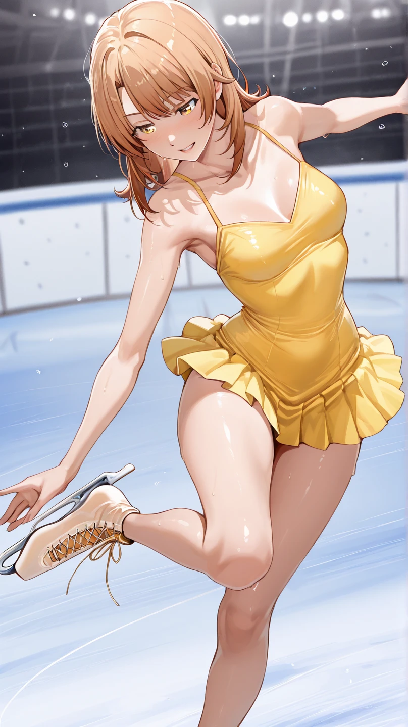 Top image quality、top-quality、8K picture quality、NSFW、1girll、full body Esbian、Haze、A smile、embarrassed from、red blush、Beautiful fece、light brown hair、poneyTail、(Tie your hair with a yellow ribbon:1.2)、Colossal tits、(Gold Metallic:1.4)、(Sleeveless)、(High neck competitive swimsuit)、(highleg)、(Crotch penetration)、(pin heels)、Squatting on the ground、(Open your crotch wide from side to side)、(fellatio_gesture:1.3)、With a transparent rod like male genitalia、Transparent rod、Open your mouth wide、Entwining the tongue with a transparent rod like male genitalia、gazing at viewer、((Face the viewer))、((Show viewers your crotch)) 、((Frontal shot))、in poolside、profetional lighting、professional photograpy