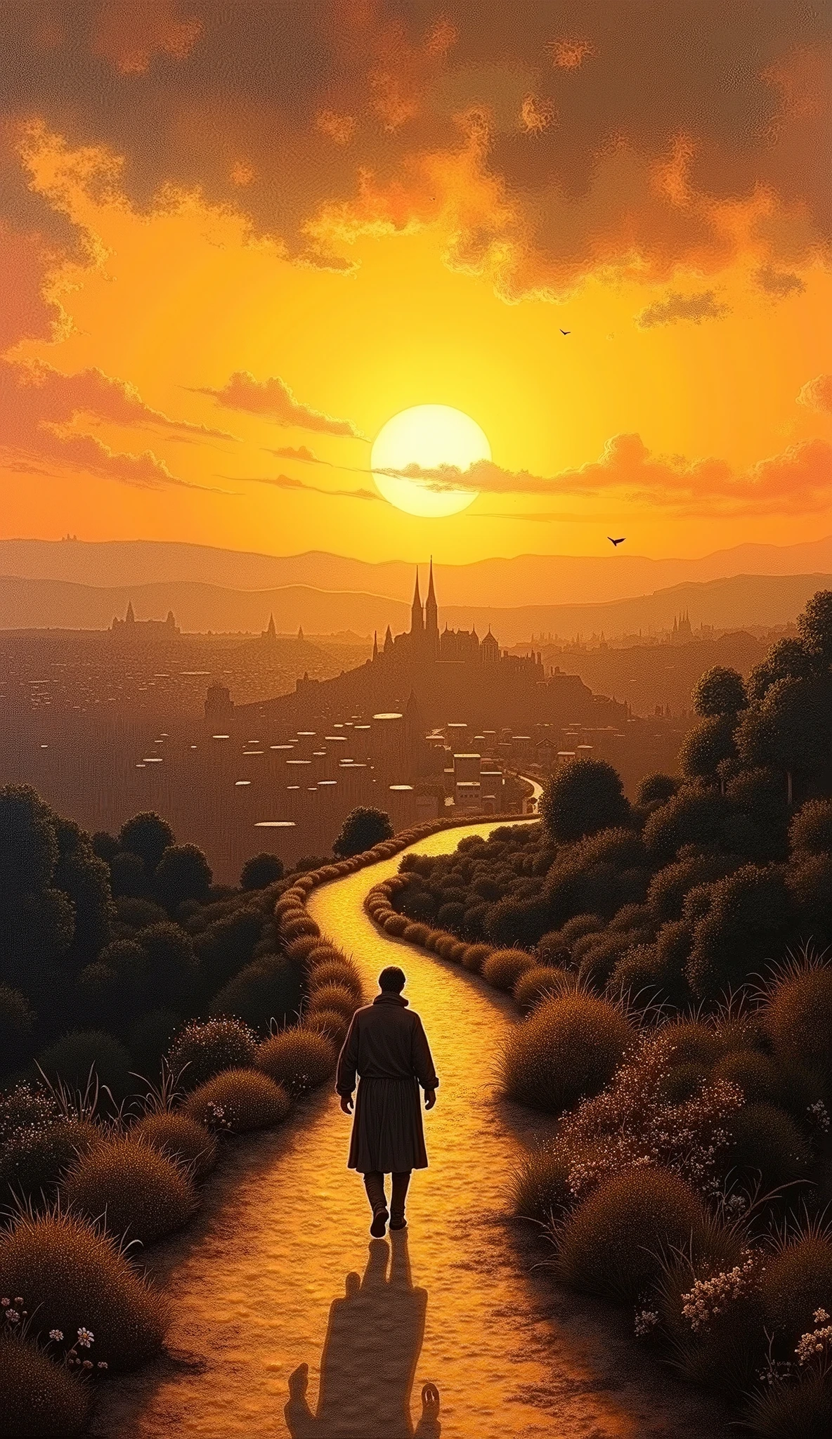 Landscape、oil、 monotone、Screen viewed from the side、Road Trip at Sunset,Santiago Pilgrimage Route, majestic sunset、sun setting on the horizon、silhouette of a single pilgrim、The cityscape of Santiago de Compostela and the church can be seen in the distance、The sun sets behind the church、
