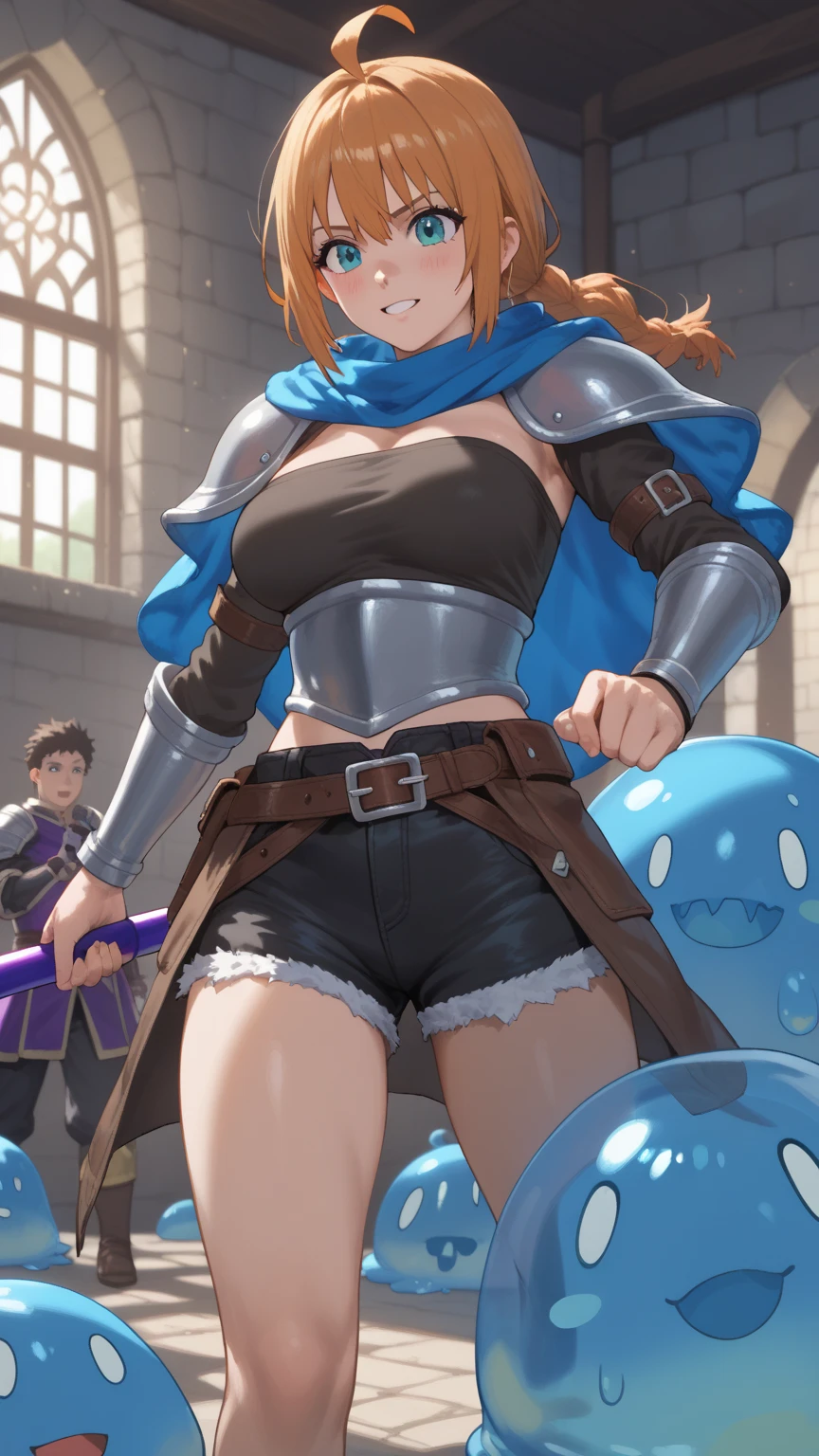 Animation worksAnimation worksMasterpieces,largely、high quality, Unreal Engine, Ultra-high resolution, Very detailed丸い胸, Medium Bust 1 person,  Waist, thin,(Muscular:0.9)
actress, 
ring, curl, Green Hair, short hair, Asymmetrical clothing, tights, sash, One-handed gloves, One Sleeve, Thigh-high holes, Holding a sword, . Anime Style, Key Point, Energetic, Studio Anime,  Very detailed、　My life is about to end. Broken equipment. On one knee. Under enemy attack.The tights is torn to pieces.