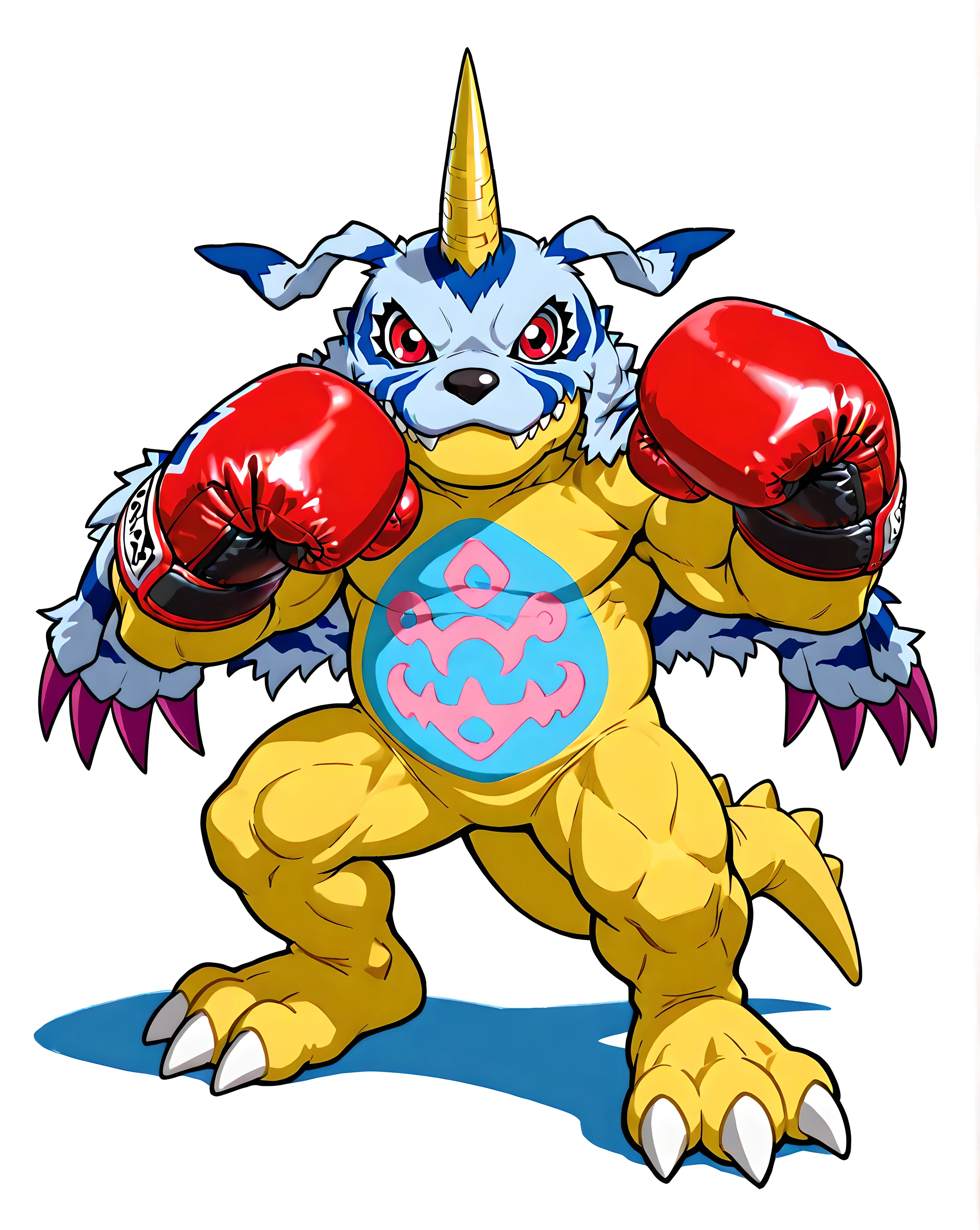 gabumon, digimon, single horn, claws, red eyes, sharp teeth, creature, monster, blue and pink markings on belly, blue fur pelt, yellow body, three toes, high quality, male, solo, white background, no background, looking at viewer, posing, full body, muscular arms, thick arms, wearing boxing gloves, boxing pose, pov_boxing, flat color