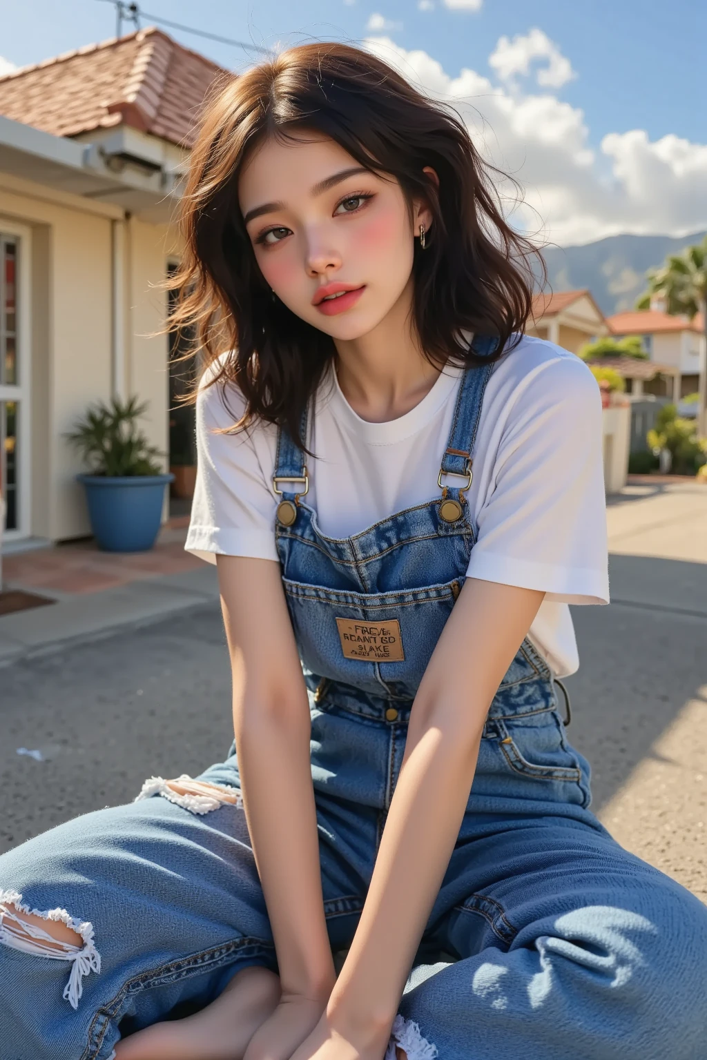 (( top quality)), ((傑 top quality、 Masterpiece、High sensitivity、 Hi-Res、 detailed depiction of up to the front door、 depicting a delicate face ))Slender Woman、Glasses、 with a smile、PrintＴ shirt、 overalls、Bend the hem 、Stretch out、 The background is the Hawaiian cityscape、