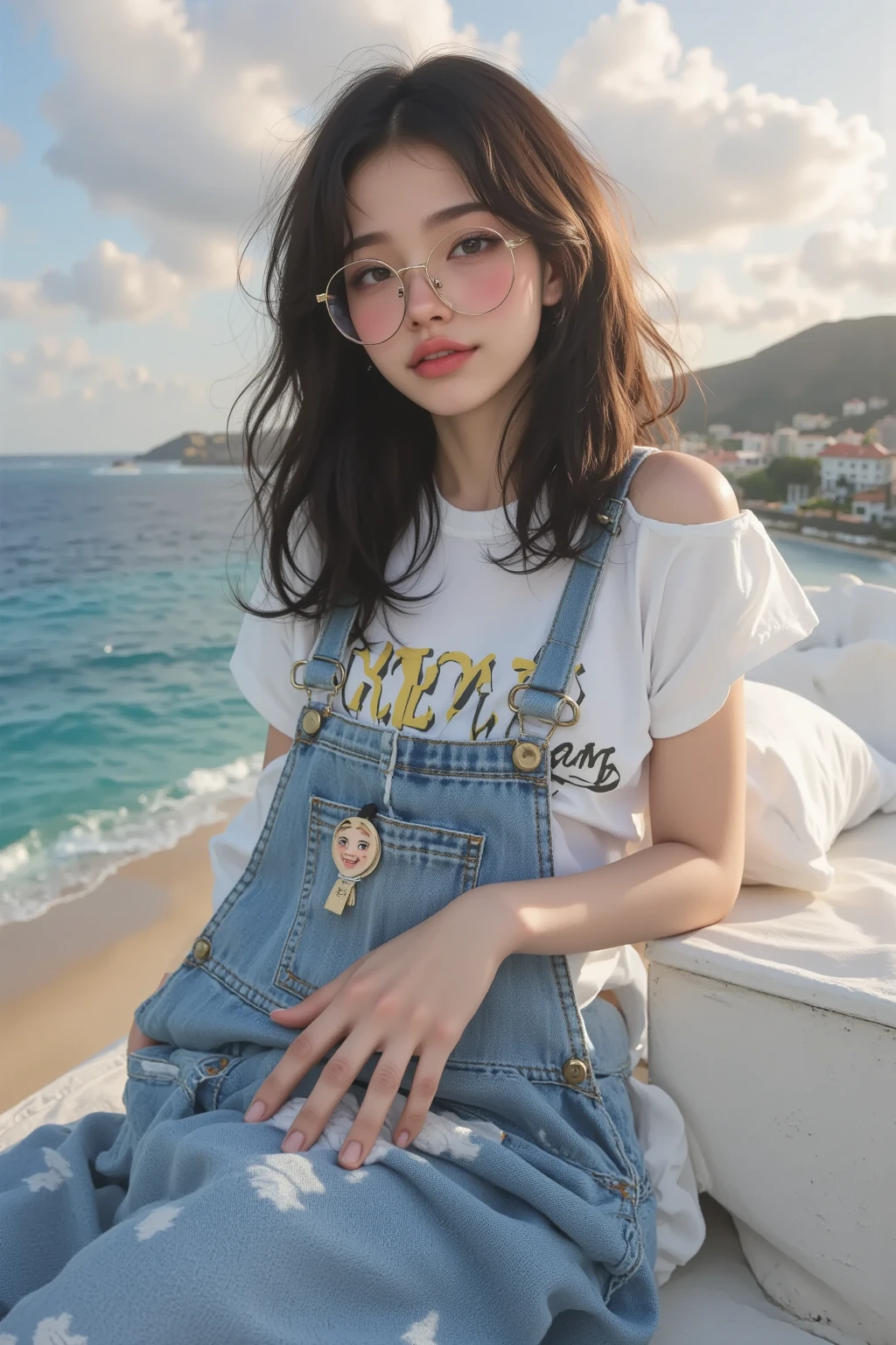 (( top quality)), ((傑 top quality、 Masterpiece、High sensitivity、 Hi-Res、 detailed depiction of up to the front door、 depicting a delicate face ))Slender Woman、Glasses、 with a smile、PrintＴ shirt、 overalls、Bend the hem 、Stretch out、 The background is the Hawaiian cityscape、