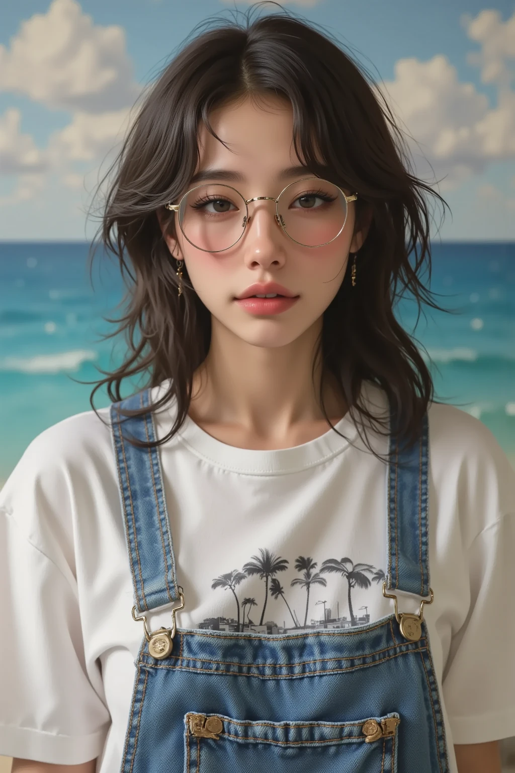 (( top quality)), ((傑 top quality、 Masterpiece、High sensitivity、 Hi-Res、 detailed depiction of up to the front door、 depicting a delicate face ))Slender Woman、Glasses、 with a smile、PrintＴ shirt、 overalls、Bend the hem 、Stretch out、 The background is the Hawaiian cityscape、