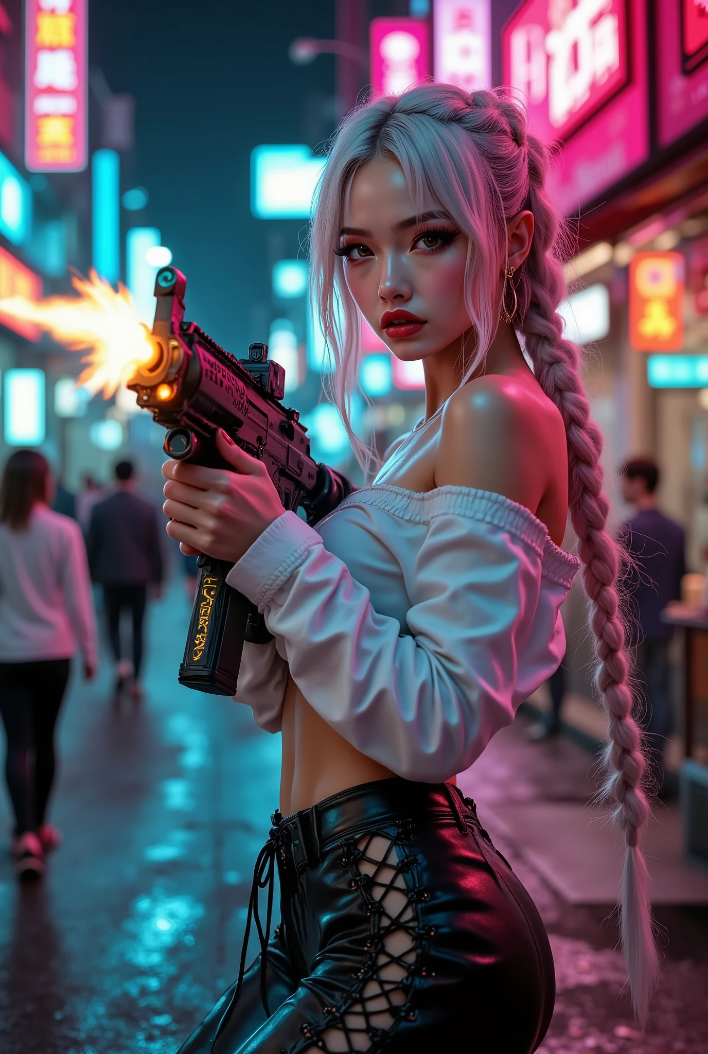  [Style: "Photorealistic, cinematic, cyberpunk"] (Key Directive: "Prioritize anatomical accuracy and material textures") { Character: "20-year-old Caucasian woman" | Face: "symmetrical, pale skin, full lips, red lipstick:1.15" | Eyes: "brown irises (hyper-detailed pupils:1.2), blue false lashes:1.18" | Hair: "white waist-length braid (neon light reflections:0.8)" | Pose: "dynamic walking stance, hips slightly tilted, machine gun gripped mid-action" Attire: [Top: "white leather crop top (wrinkled texture, sweat sheen:0.6)"] [Bottom: "black leather pants (lace-up sides, knee reinforcements)"] Weapon: "Custom M16A4 (StatTrak™ module)" | M16A4 side Engraving : "Japanese dragon (red/gold paint:1.3, glowing eyes:0.9)" | (Display: "side-mounted counter (red LED '589'))" | Attachments: - "(Underbarrel flamethrower aim, shoot (active, orange/blue flames:0.9, white/yellow flash:0.9))" - " - "Green laser sight (beam visible in airborne dust)" Environment: "Tokyo backstreet at night (rain-slick asphalt, neon signage in Japanese)" | Lighting: - "Cinematic neon wash (pink/cyan dominance)" - "Muzzle flash from rifle (temporarily illuminates face)" - "Rim light from streetlamps:0.7" Technical Specs: (DOF: "shallow, f/1.8, blurred crowd in background") (Post-Processing: "motion blur on swinging braid, chromatic aberration:0.5") (Render Engine: "Unreal Engine 5 path tracing, 16K texture maps") }