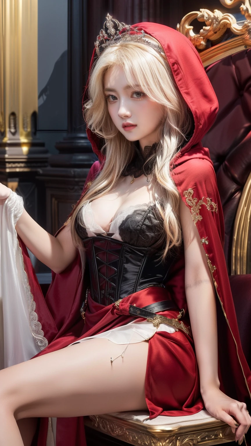 Browsing Caution, 16k RAW photos, Highest quality, masterpiece, Ultra-high resolution, Movie Grain, ((full naked:1.5)), ((fantasy Cloak:1.2)), 1 cute Gal, (in fantasy medieval castle:1.5), Looking at the audience, Realistic eye and facial details, Chubby Lips, Lipstick Makeup, short Bob cut blonde hair, beautiful legs, expensive woman, ((Shine)), Huge Hips, Beautiful natural place, ((Big Flame)), (Detailed Background with explosive flame:1.2), ((beautiful small breasts:1.2)), expensive, Blurred Background, bracelet, bangs, Depth of written border, Beautiful hip line, Shine skin, Lotion Skin, Slimy skin,