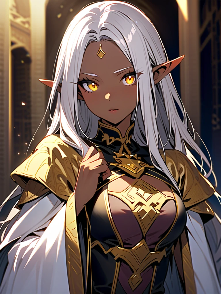 masterpiece、Depiction of the upper body、High resolution、high quality、High resolution、young woman、Dark Elf、((Dark Skin))、((Pointy Ears))、Silver Hair、Smiling Kindly、Beautiful Lips、near、