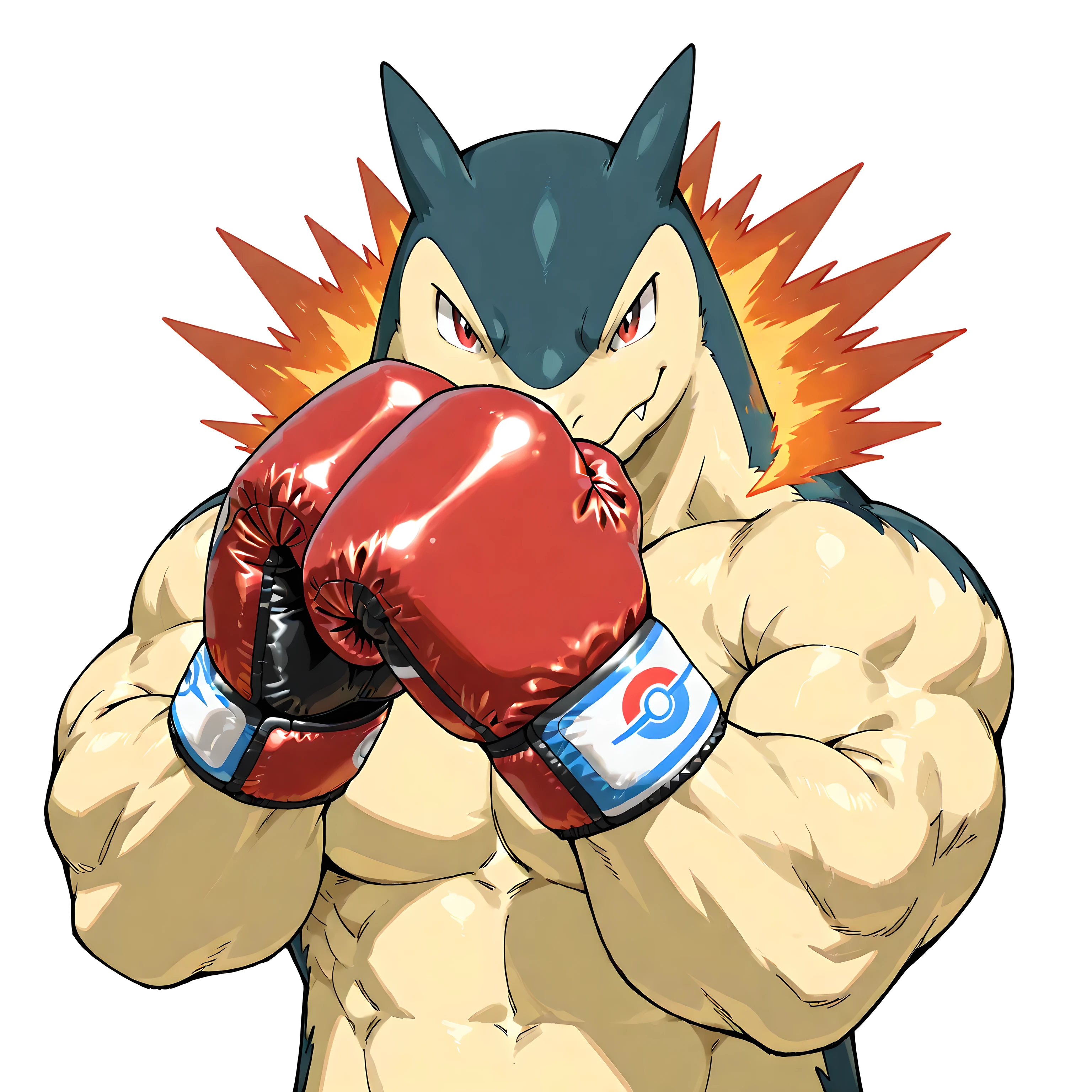 typhlosion, pokemon, high quality, male, solo, white background, no background, looking at viewer, posing, half body, very muscular, thick arms, wearing boxing gloves, pov_boxing, boxing posture, boxing stance, front view