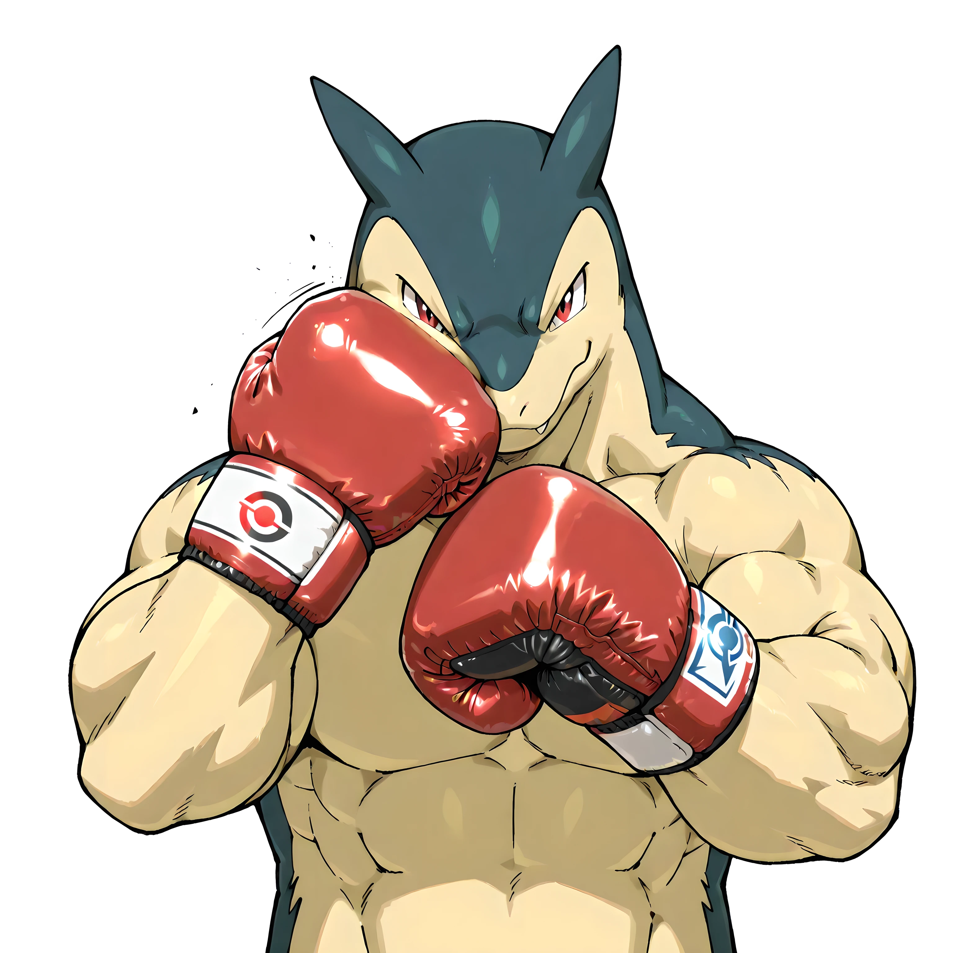 typhlosion, pokemon, high quality, male, solo, white background, no background, looking at viewer, posing, half body, very muscular, thick arms, wearing boxing gloves, pov_boxing, boxing posture, boxing stance, front view, punching self in face, fist against face