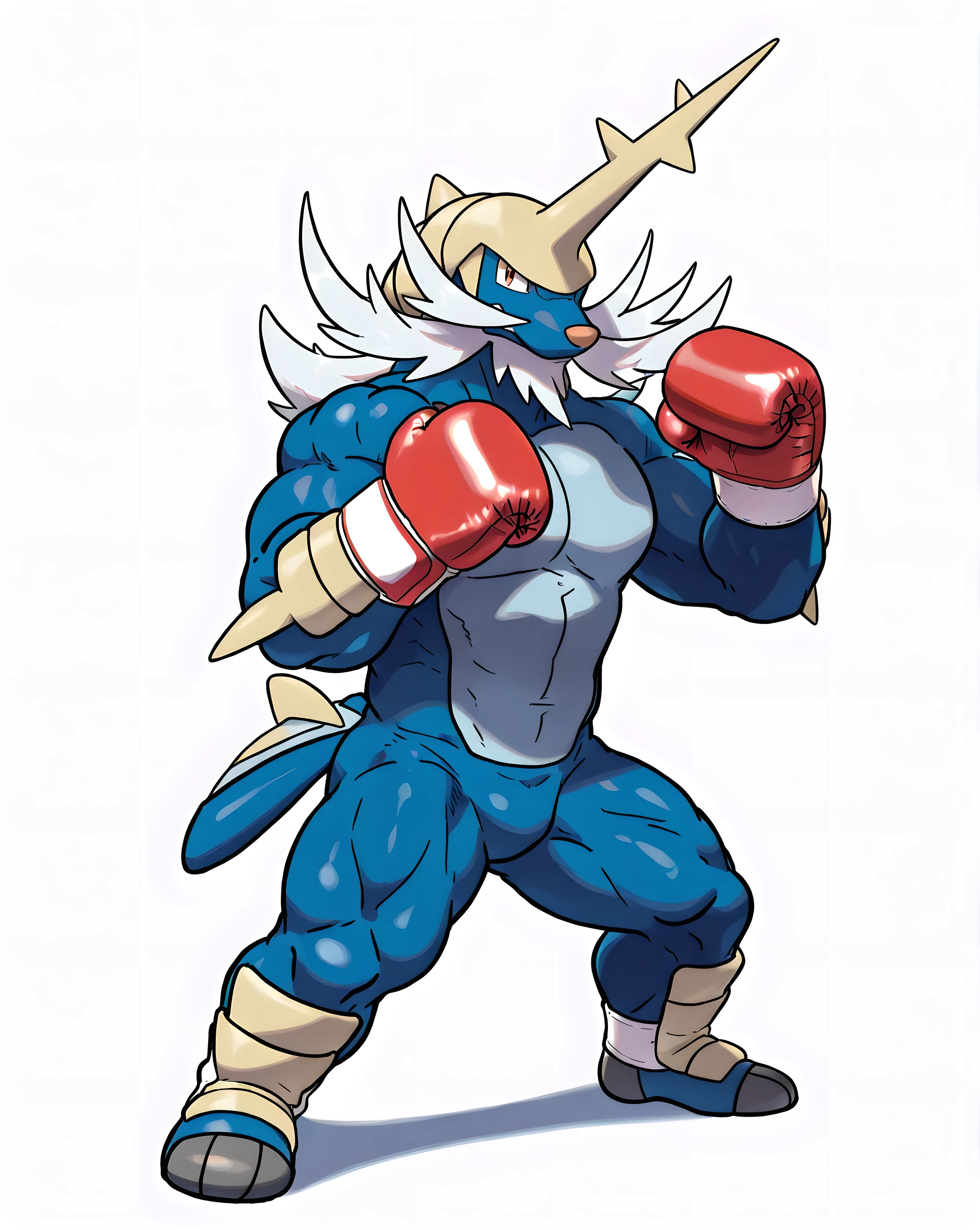 Machgaogamon. 4k, high resolution, best quality, posted on e621, solo, anthro body, anthro wolf body, male, adult, masculine, (very muscular, buff:1.2), correct ???????, (white background, no background:1.5), (by wfa:1.2), (by negger:1.0), (detailed eyes:1.2), sexy, (cel shaded:1.2), cartoony shading, (watercolors:1.2), (full body:1.5), confident smile, proud, soft shadows, (boxing gloves:1.2)