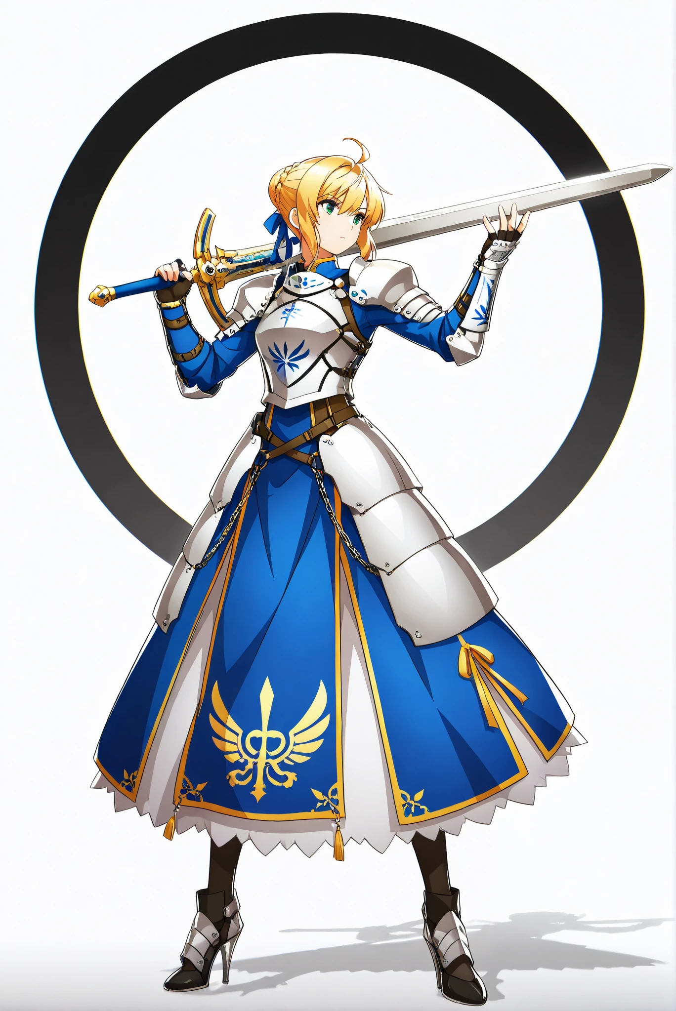 weapon over shoulder, holding weapon,Giant Weapon, sword, holding sword, holding a weapon ,, weapon, holding weapon, ( white background, stands,whole body, high heels, front view,Standing picture:1.7),HoleHeels,oval/Circle/Thorn/Horn Heels,Colorful, vivid colors ,Flashing silhouette ,neon,black light ,watch, Masterpiece, very beautiful , 1girl , Arthur Pendragon, Arthur Pendragon \(destiny\), sword, Blonde Hair, green eyes, Ahog, Side Chain, bun, single bun, braid, dress, ribbon, hair ribbon, armor, Hand Guard , armored dress,