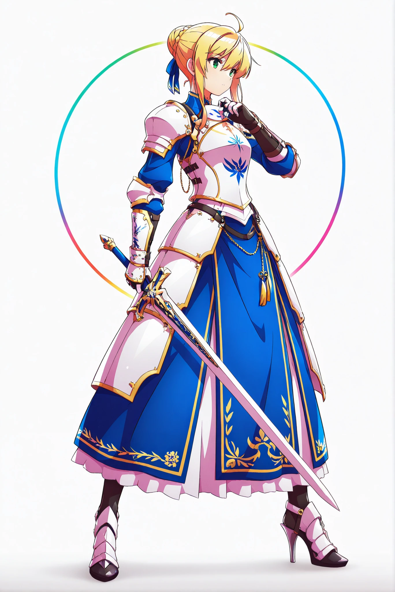 ,sword, holding sword, holding a weapon ,, weapon, holding weapon, ( white background, stands,whole body, high heels, front view,Standing picture:1.7),HoleHeels,oval/Circle/Thorn/Horn Heels,Colorful, vivid colors ,Flashing silhouette ,neon,black light ,watch, Masterpiece, very beautiful , 1girl , Arthur Pendragon, Arthur Pendragon \(destiny\), sword, Blonde Hair, green eyes, Ahog, Side Chain, bun, single bun, braid, dress, ribbon, hair ribbon, armor, Hand Guard , armored dress,