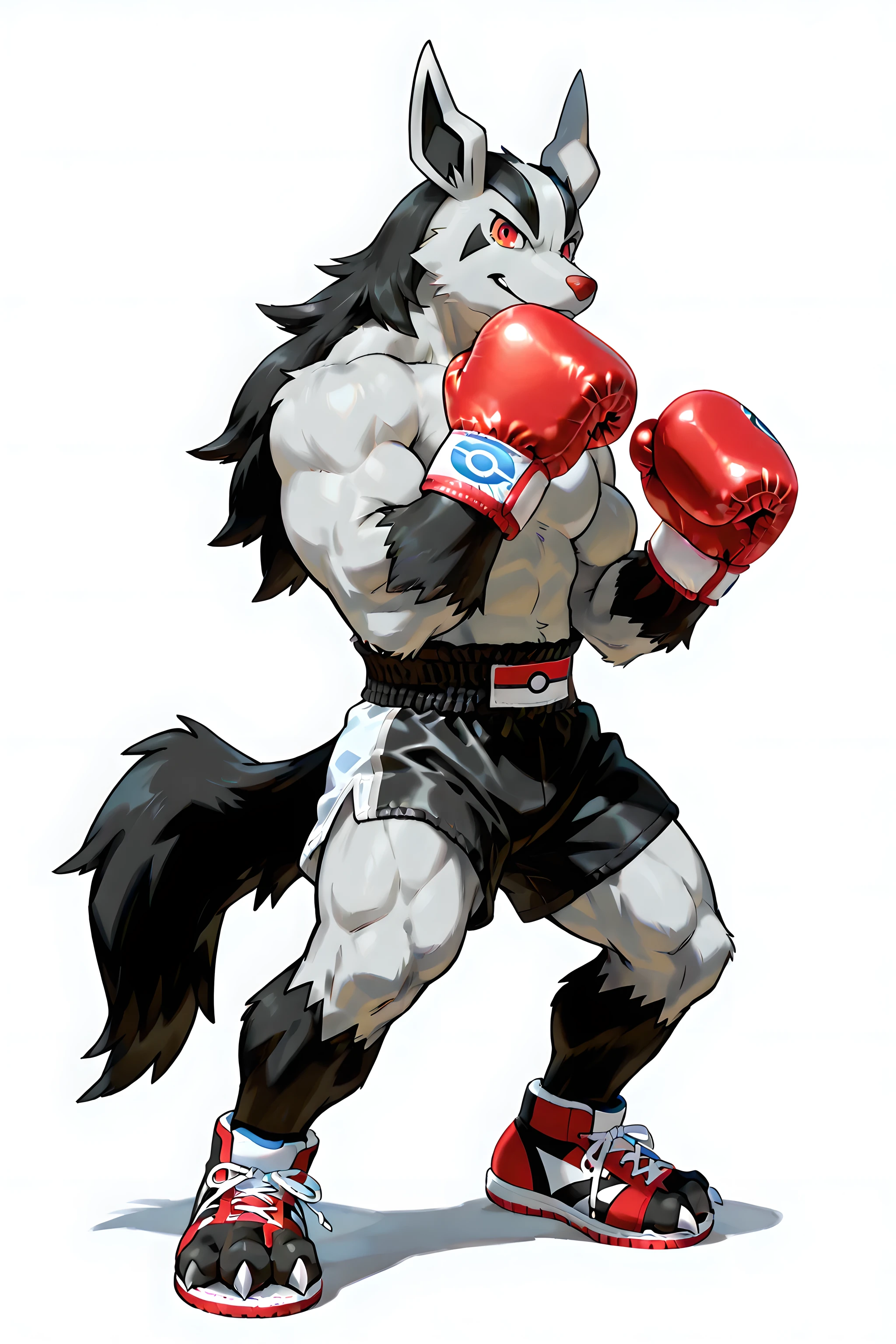 mightyena, pokemon, high quality, male, solo, white background, no background, looking at viewer, posing, full body, muscular arms, thick arms, wearing boxing gloves, boxing pose, pov_boxing, shoes with open toes