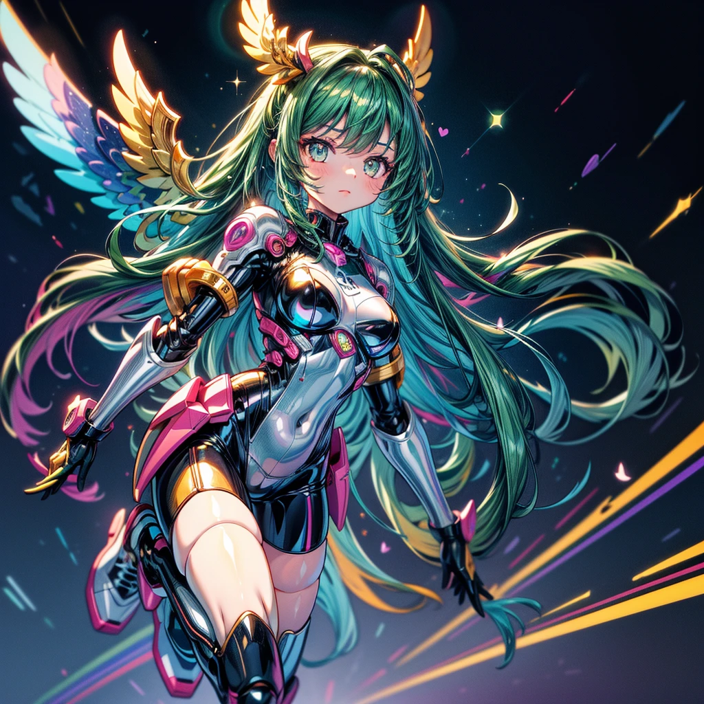 Robot Girl、Emerald green hair、Long Hair、Blue Eyes、Mechanical Arm、Mechanical legs、Mechanical Wings、Flying in space