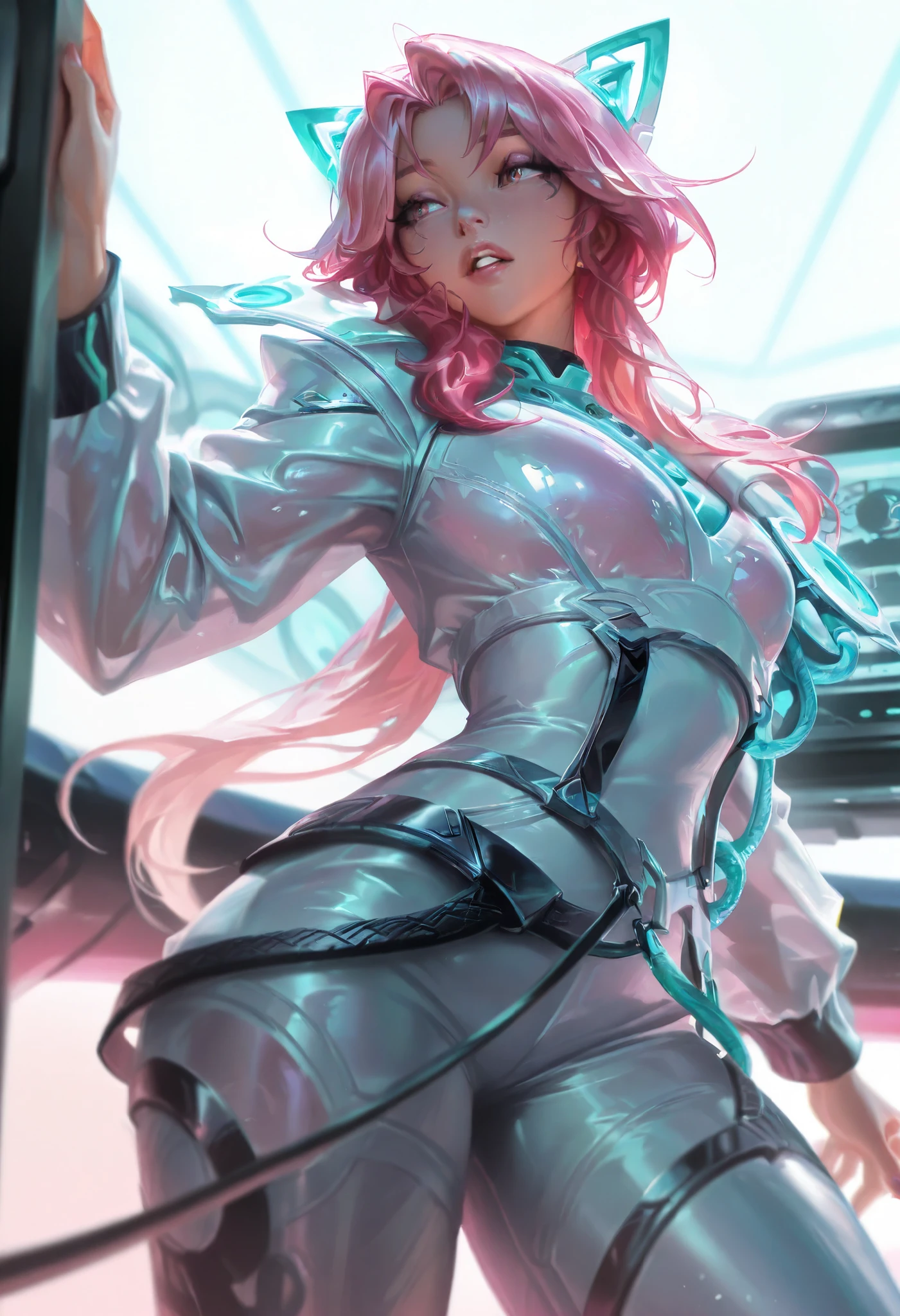 Close Up High Color Painting Fantasy Sketch Imagination Drawing Art T-shirt (((White background only) (white background only))), Crazy Detail, intricate detailes, very smooth details, Cinematic lighting, exposure blend, nffsw, Saturated colors, 8K,Saturated colors, 8K,Japanese female android in her mid-twenties made of glossy white and silver translucent glass and plastic with geisha makeup and hairstyle, Silver metal internal body mechanism, Dynamic Pose, Flowing organic structure, Glowing golden circuit, Colorful neon trim, Luminous circuit, neon trim, Depth-of-field focus f/2.8, ulzzang -6500-v1.1,(Raw photo:1.2),((Photorealistic:1.4)),Best Quality ,masutepiece, Illustration, extremely delicate and beautiful, Extremely detailed ,nffsw ,Unity ,8K Wallpaper, amazing, finely detail, Official art,Highly detailed ticker Unity 8k wallpaper,absurderes, unbelievable Ridiculous, huge filesize, Ultra-detailed, hight resolution, Beautiful detailed girl, extremely detailed eye and face, Beautiful detailed eyes,Light on Face,Cinematic lighting,((extremely pink tight suit clothing)),1girl in,Full body,FULL BODYSHOT,Looking at Viewer,((Light pink hair)), (Smile),