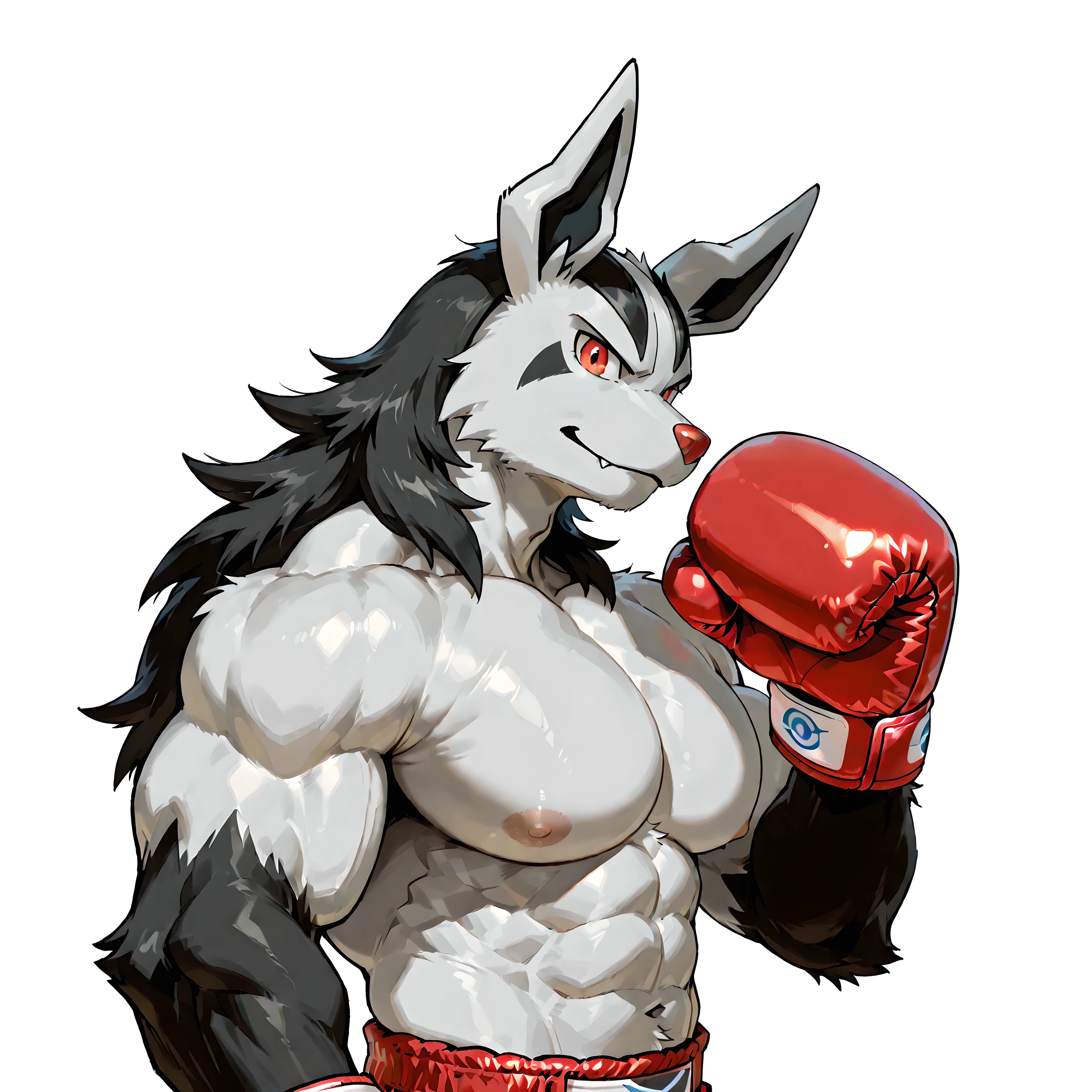mightyena, pokemon, high quality, male, solo, white background, no background, looking at viewer, posing, half body, very muscular, thick arms, wearing boxing gloves, pov_boxing, big pecs
