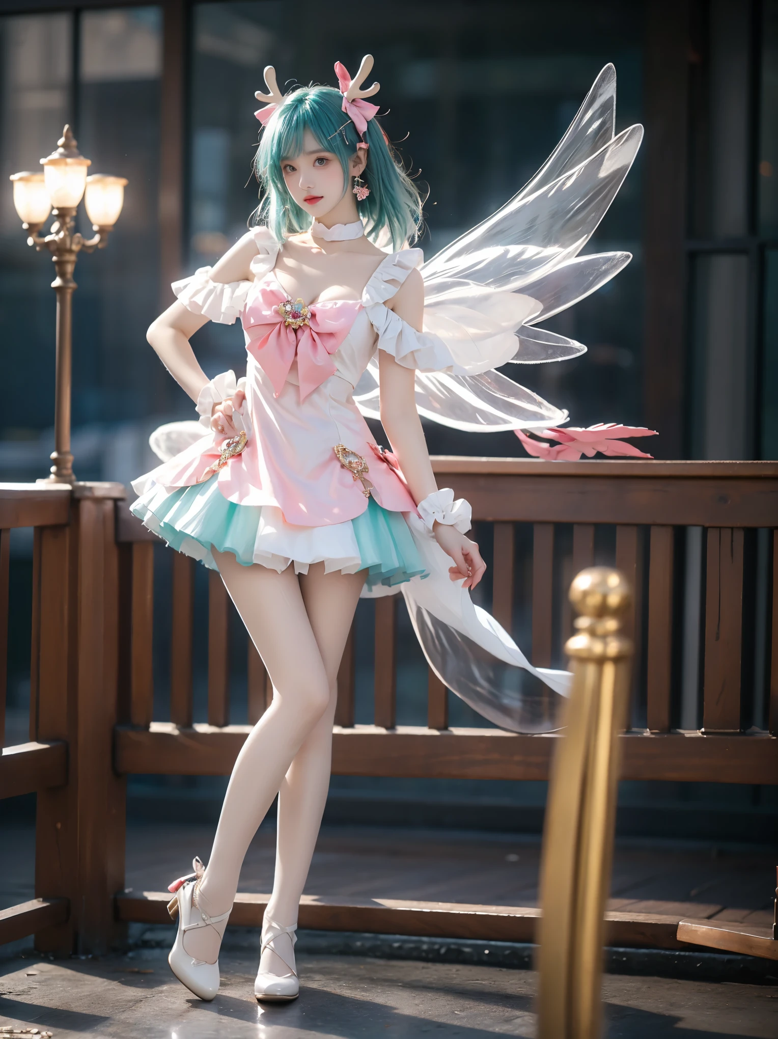 yao cosplay costume, aqua hair, dress, shoulder cutout, frills, choker, wrist cuffs, antlers, horns, bow, wings, hair ornament, animal ears, hair bow, hairclip, socks, kneehighs, shoes, high heels
(photorealistic:1.3), masterpiece, best quality, ultra-detailed,beautiful asian woman, fashion model, (Full bust, visible cleavage, very short hemline), (Beautiful romantic style), (elegant contrapposto stance:1.4), (upright posture:1.3), (poised and graceful:1.2), (naturally balanced pose),(long slender legs:1.3), (perfectly proportioned legs), (smooth skin texture:1.2), (anatomically correct legs),(romantic atmosphere), (soft ambient light), (subtle moonlight:1.1),volumetric lighting, cinematic lighting, rim lighting,high detail skin texture, fine details, sharp focus,shallow depth of field, soft bokeh,8k uhd,
