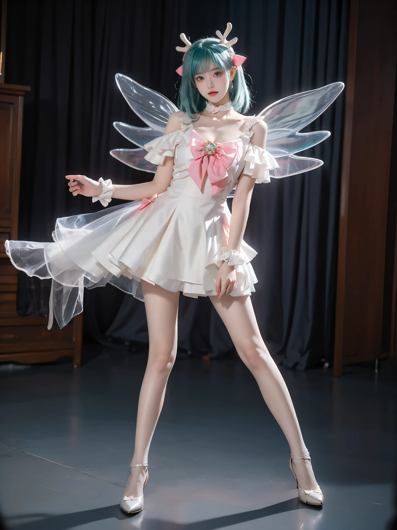 yao cosplay costume, aqua hair, dress, shoulder cutout, frills, choker, wrist cuffs, antlers, horns, bow, wings, hair ornament, animal ears, hair bow, hairclip, socks, kneehighs, shoes, high heels
(photorealistic:1.3), masterpiece, best quality, ultra-detailed,beautiful asian woman, fashion model, (Full bust, visible cleavage, very short hemline), (Beautiful romantic style), (elegant contrapposto stance:1.4), (upright posture:1.3), (poised and graceful:1.2), (naturally balanced pose),(long slender legs:1.3), (perfectly proportioned legs), (smooth skin texture:1.2), (anatomically correct legs),(romantic atmosphere), (soft ambient light), (subtle moonlight:1.1),volumetric lighting, cinematic lighting, rim lighting,high detail skin texture, fine details, sharp focus,shallow depth of field, soft bokeh,8k uhd,