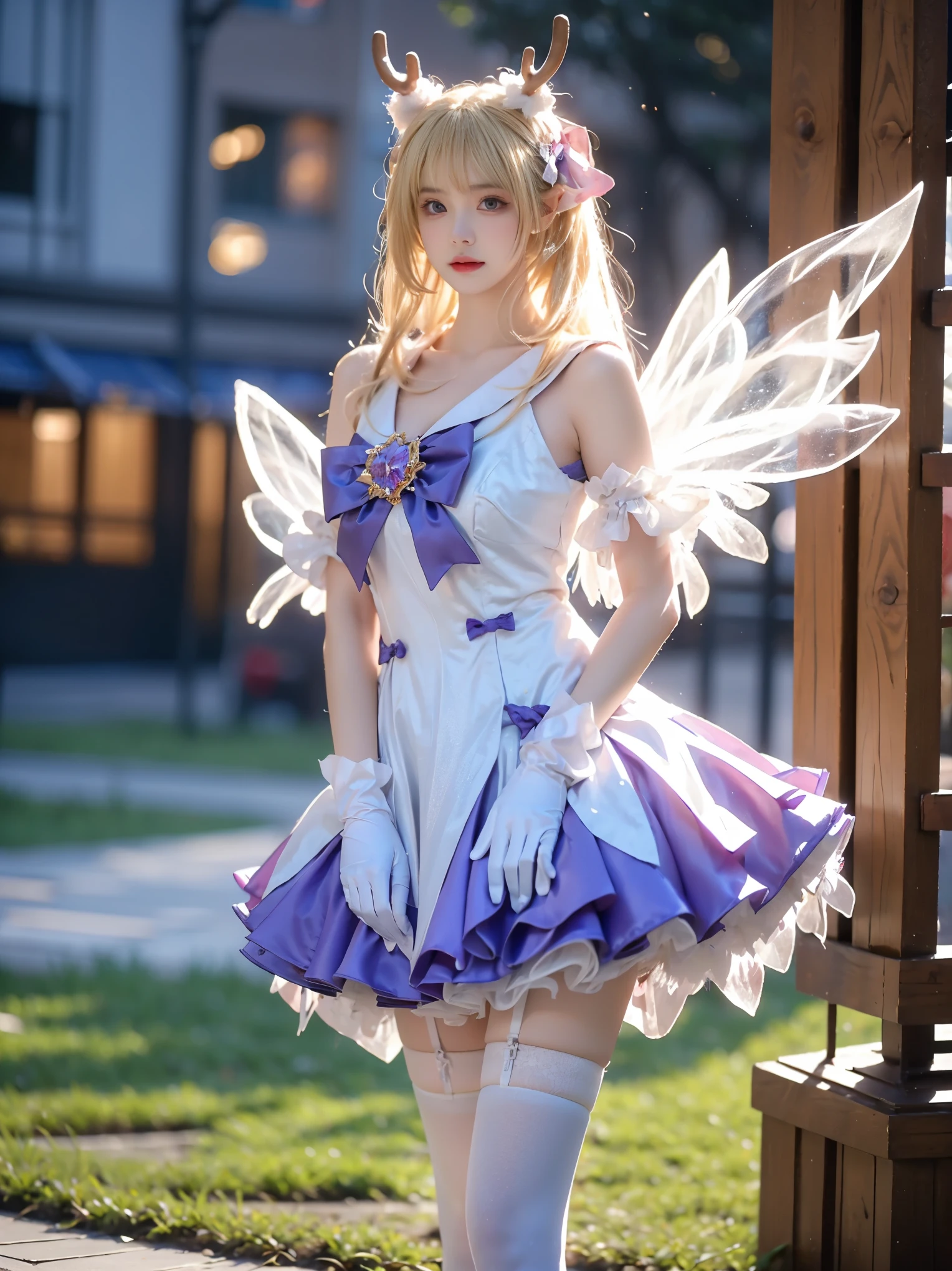yao cosplay costume, cosplay, blonde hair, dress, gloves, white gloves, antlers, animal ears, horns, bow, hair ornament, wings, thighhighs, white thighhighs, purple high heels
(photorealistic:1.3), masterpiece, best quality, ultra-detailed,beautiful asian woman, fashion model, (Full bust, visible cleavage, very short hemline), (Beautiful romantic style), (elegant contrapposto stance:1.4), (upright posture:1.3), (poised and graceful:1.2), (naturally balanced pose),(long slender legs:1.3), (perfectly proportioned legs), (smooth skin texture:1.2), (anatomically correct legs),(romantic atmosphere), (soft ambient light), (subtle moonlight:1.1),volumetric lighting, cinematic lighting, rim lighting,high detail skin texture, fine details, sharp focus,shallow depth of field, soft bokeh,8k uhd,