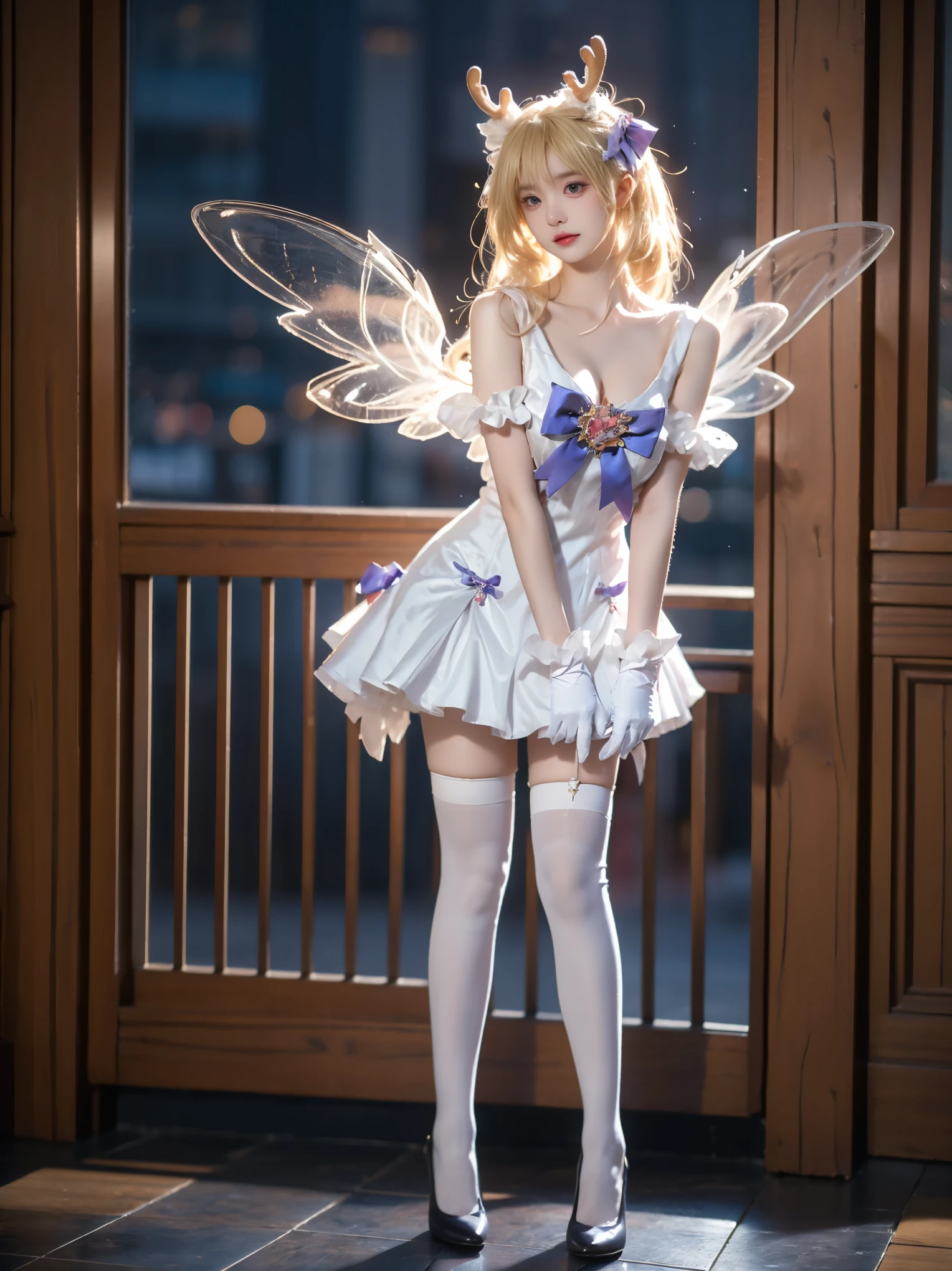 yao cosplay costume, cosplay, blonde hair, dress, gloves, white gloves, antlers, animal ears, horns, bow, hair ornament, wings, thighhighs, white thighhighs, purple high heels
(photorealistic:1.3), masterpiece, best quality, ultra-detailed,beautiful asian woman, fashion model, (Full bust, visible cleavage, very short hemline), (Beautiful romantic style), (elegant contrapposto stance:1.4), (upright posture:1.3), (poised and graceful:1.2), (naturally balanced pose),(long slender legs:1.3), (perfectly proportioned legs), (smooth skin texture:1.2), (anatomically correct legs),(romantic atmosphere), (soft ambient light), (subtle moonlight:1.1),volumetric lighting, cinematic lighting, rim lighting,high detail skin texture, fine details, sharp focus,shallow depth of field, soft bokeh,8k uhd,