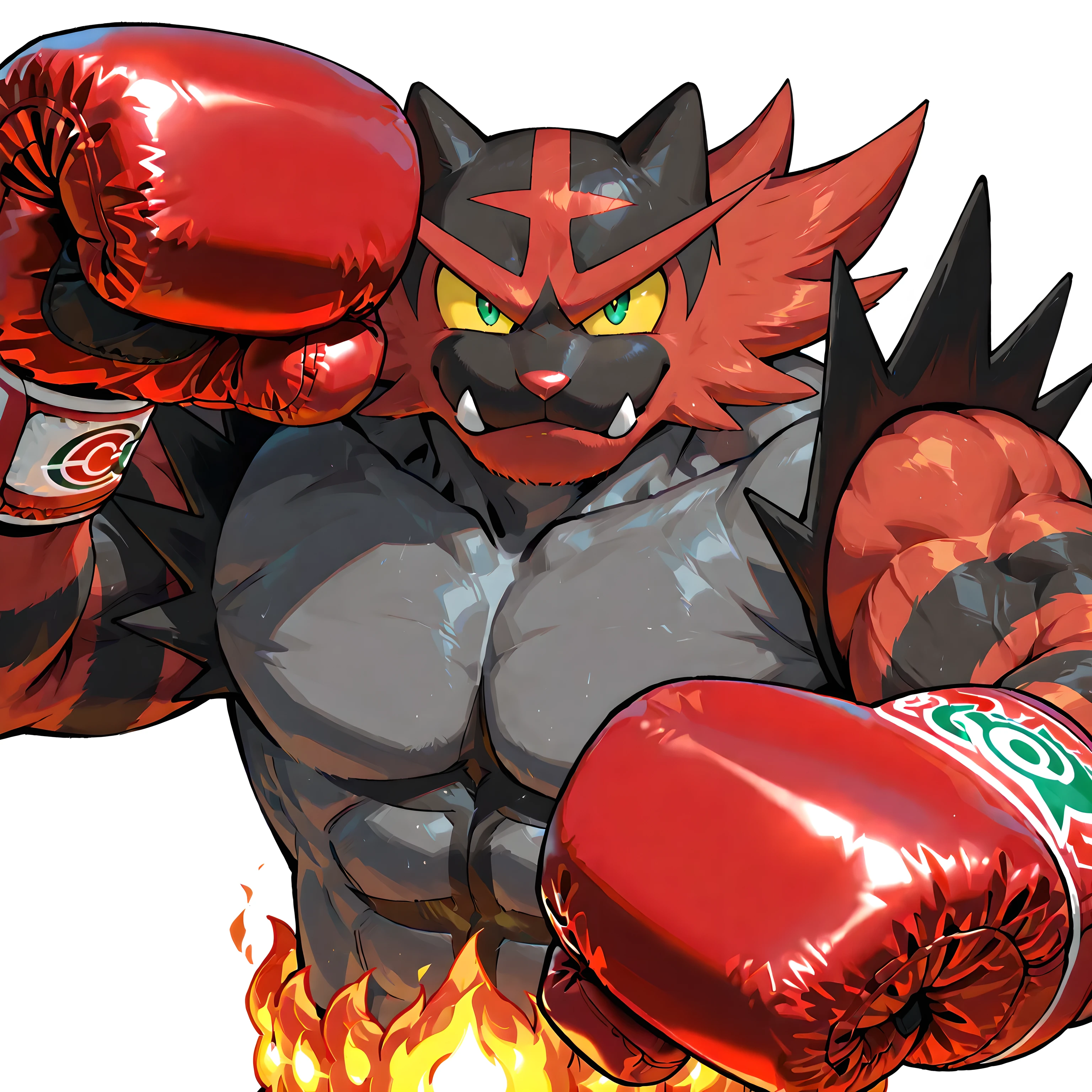 incineroar, pokemon, high quality, male, solo, white background, no background, looking at viewer, posing, half body, very muscular, thick arms, wearing boxing gloves, pov_boxing, boxing posture, boxing stance, front view, flame belt, yellow sclera, green yes