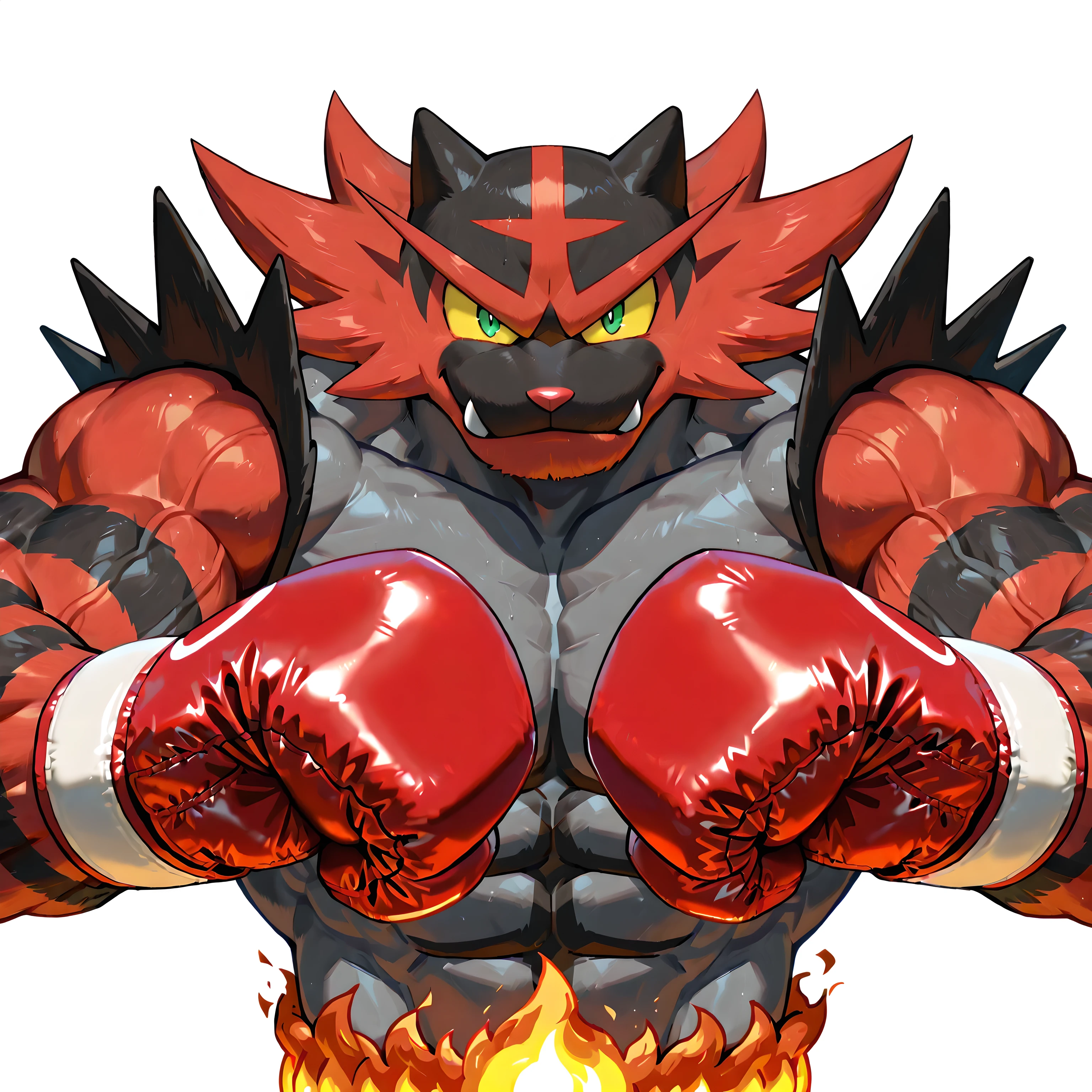 incineroar, pokemon, high quality, male, solo, white background, no background, looking at viewer, posing, half body, very muscular, thick arms, wearing boxing gloves, pov_boxing, boxing posture, boxing stance, front view, flame belt, yellow sclera, green yes, bulging muscles