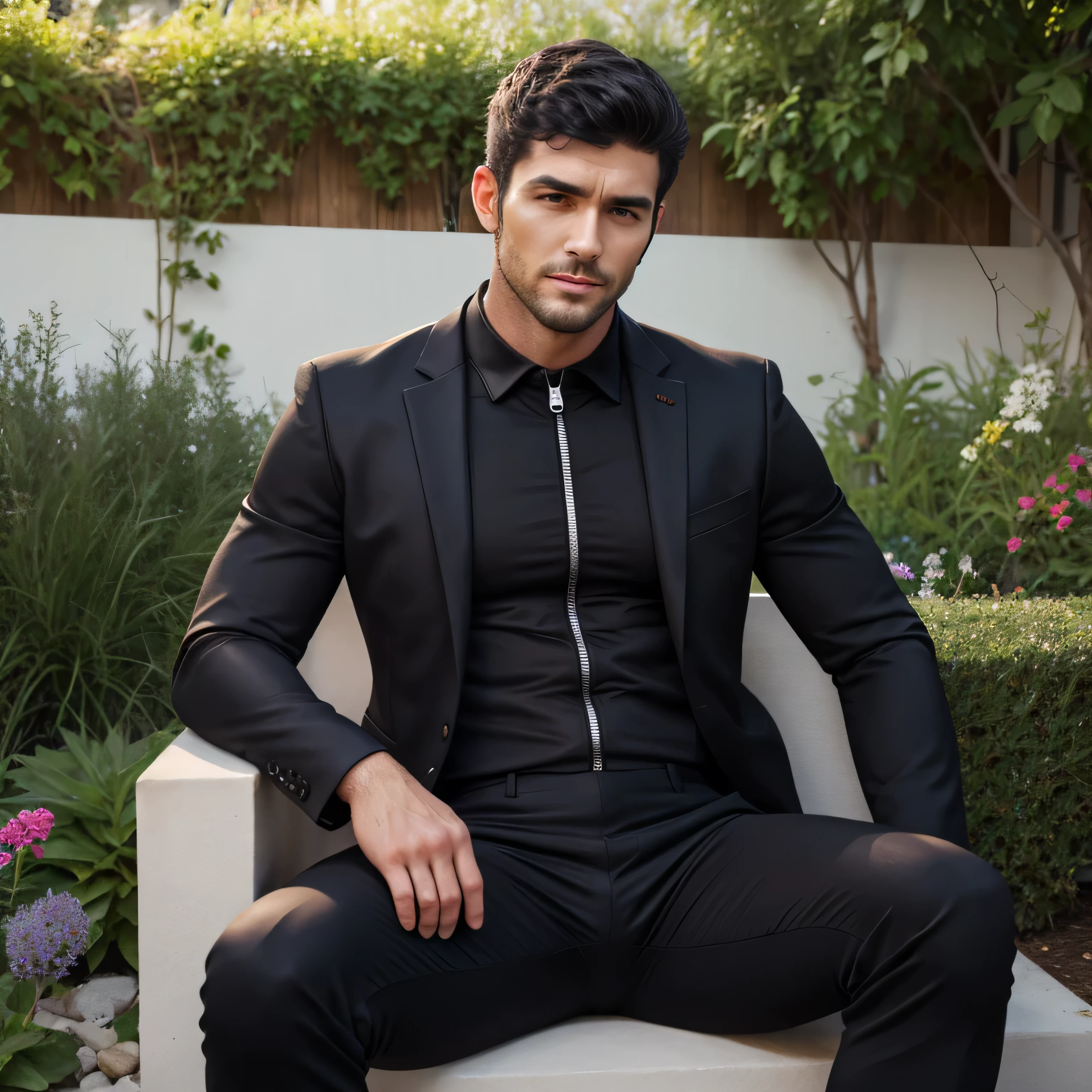Age 35、handsome guy ,  1 man, muscular、 black suit、 black shirt、 black slim pants、 black hair、 short hair 。Arabian face、garden。　 stubble、 Face Up 　　　　Painful and painful face 　 sit with 　 black socks　A manly provocation　  Black Slim Pants 　 pants zipper　 briskly 