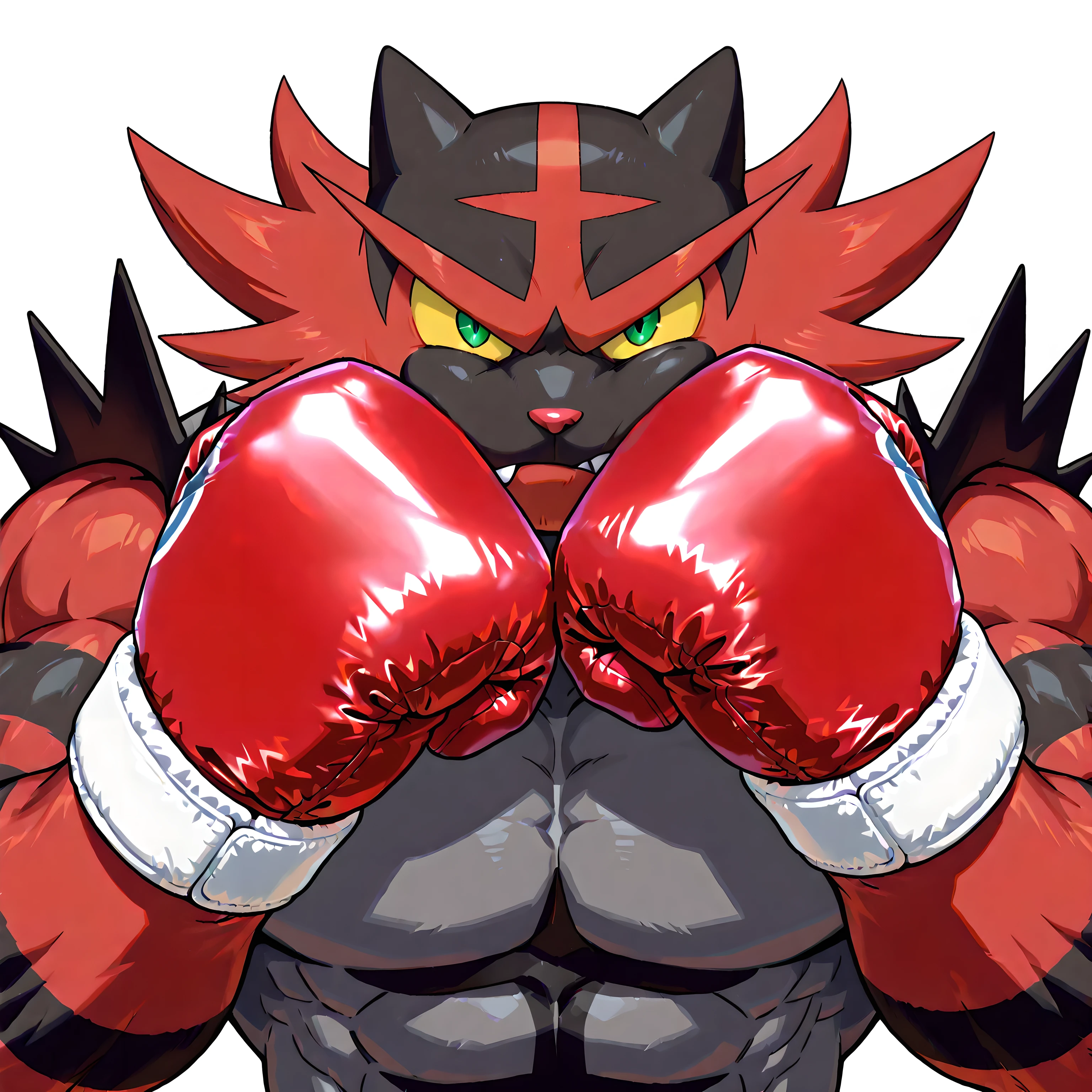 incineroar, pokemon, high quality, male, solo, white background, no background, looking at viewer, posing, half body, very muscular, thick arms, wearing boxing gloves, pov_boxing, boxing posture, boxing stance, front view, (punching self in face, fist against face), angry face, yellow sclera, green eyes