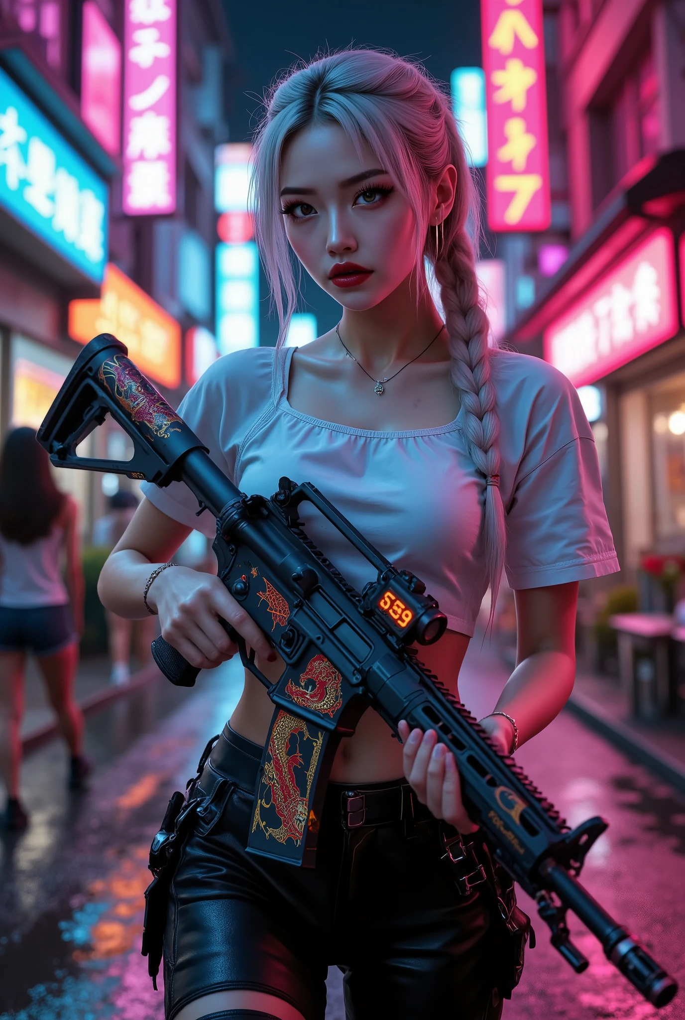  [Style: "Photorealistic, cinematic, cyberpunk"] (Key Directive: "Prioritize anatomical accuracy and material textures") { Character: "20-year-old Caucasian woman" | Face: "symmetrical, pale skin, full lips, red lipstick:1.15" | Eyes: "brown irises (hyper-detailed pupils:1.2), blue false lashes:1.18" | Hair: "white waist-length braid (neon light reflections:0.8)" | Pose: "dynamic walking stance, hips slightly tilted, machine gun gripped mid-action" Attire: [Top: "white leather crop top (wrinkled texture, sweat sheen:0.6)"] [Bottom: "black leather pants (lace-up sides, knee reinforcements)"] Weapon: "Custom M16A4 (StatTrak™ module)" | M16A4 side Engraving : "Japanese dragon (red/gold paint:1.3, glowing eyes:0.9)" | Display: "(side-mounted counter (red LED '589'))" | Attachments: - "Underbarrel flamethrower (aim, shoot (active, orange/blue flames:0.8, white/yellow flash:1.3))" - "Green laser sight (beam visible in airborne dust)" Environment: "Tokyo backstreet at night (rain-slick asphalt, neon signage in Japanese)" | Lighting: - "Cinematic neon wash (pink/cyan dominance)" - "Muzzle flash from rifle (temporarily illuminates face)" - "Rim light from streetlamps:0.7" Technical Specs: (DOF: "shallow, f/1.8, blurred crowd in background") (Post-Processing: "motion blur on swinging braid, chromatic aberration:0.5") (Render Engine: "Unreal Engine 5 path tracing, 16K texture maps") }