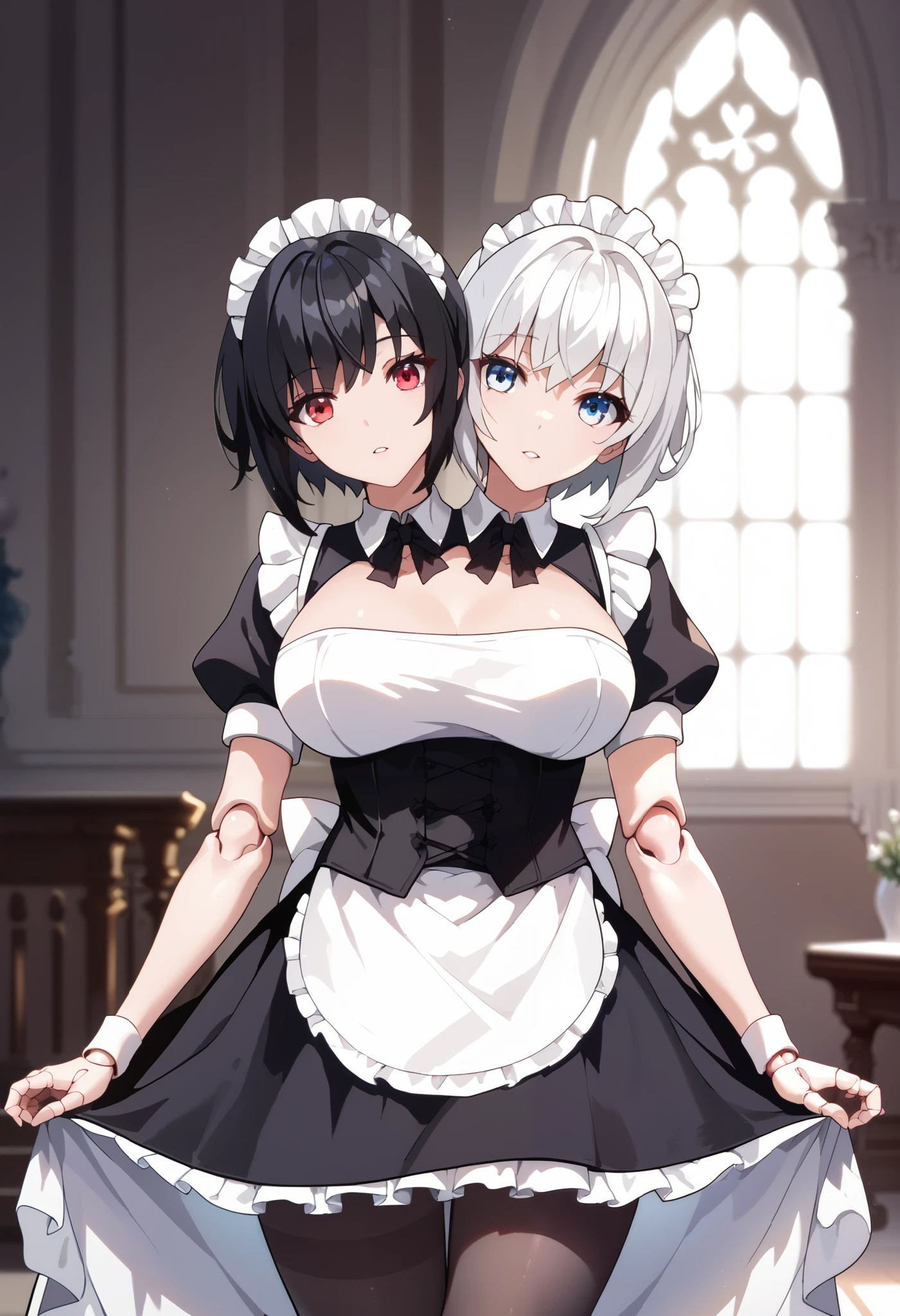 2heads, twoheads, a tall thin woman with 2 heads, white hair, black hair, blue eyes, red eyes, short hair, large breasts, maid, black pantyhose, mansion, front shots, doll joints