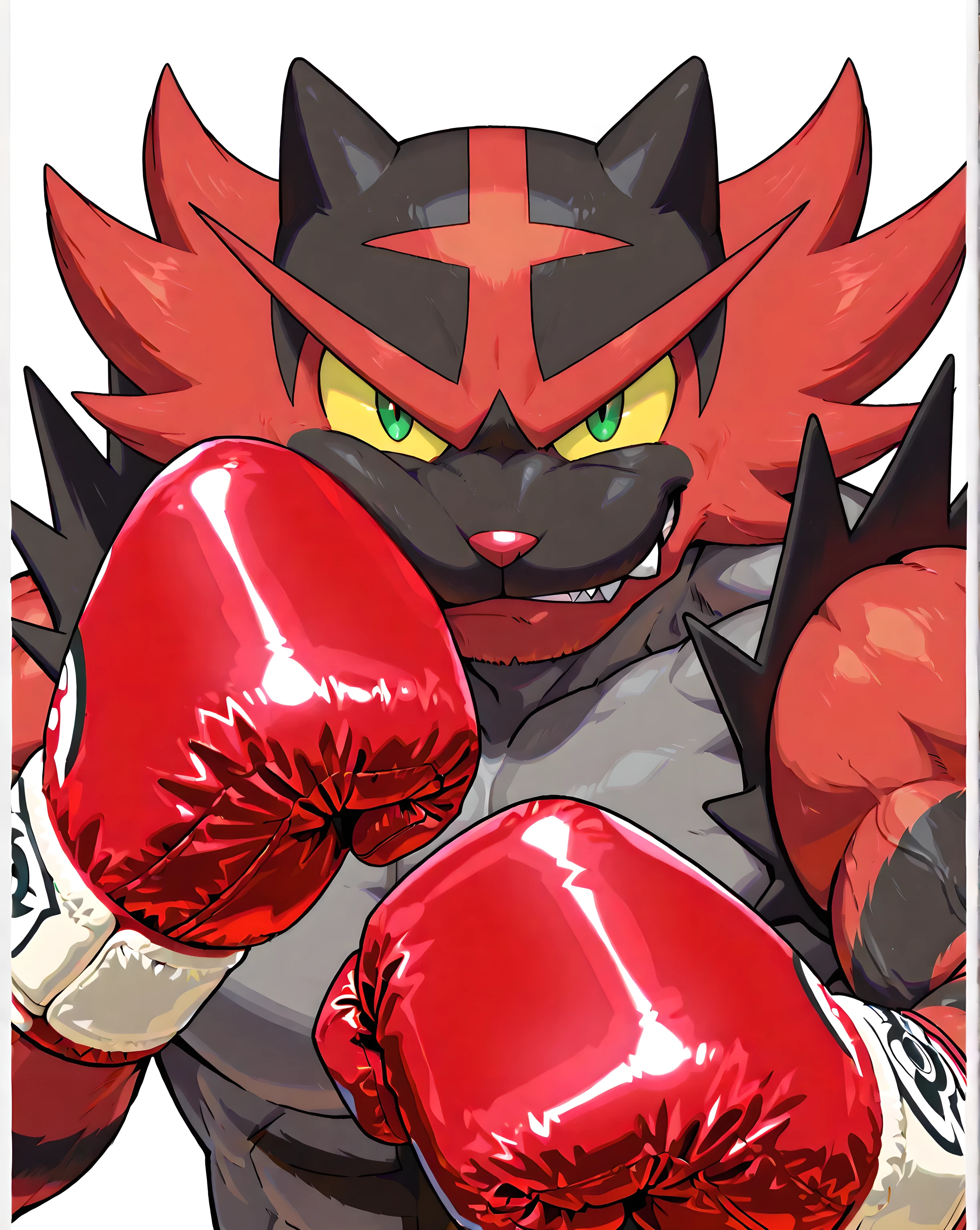 incineroar, pokemon, high quality, male, solo, white background, no background, looking at viewer, posing, half body, very muscular, thick arms, wearing boxing gloves, pov_boxing, boxing posture, boxing stance, front view, punching self in face, fist against face, smirk, cocky, yellow sclera, green eyes