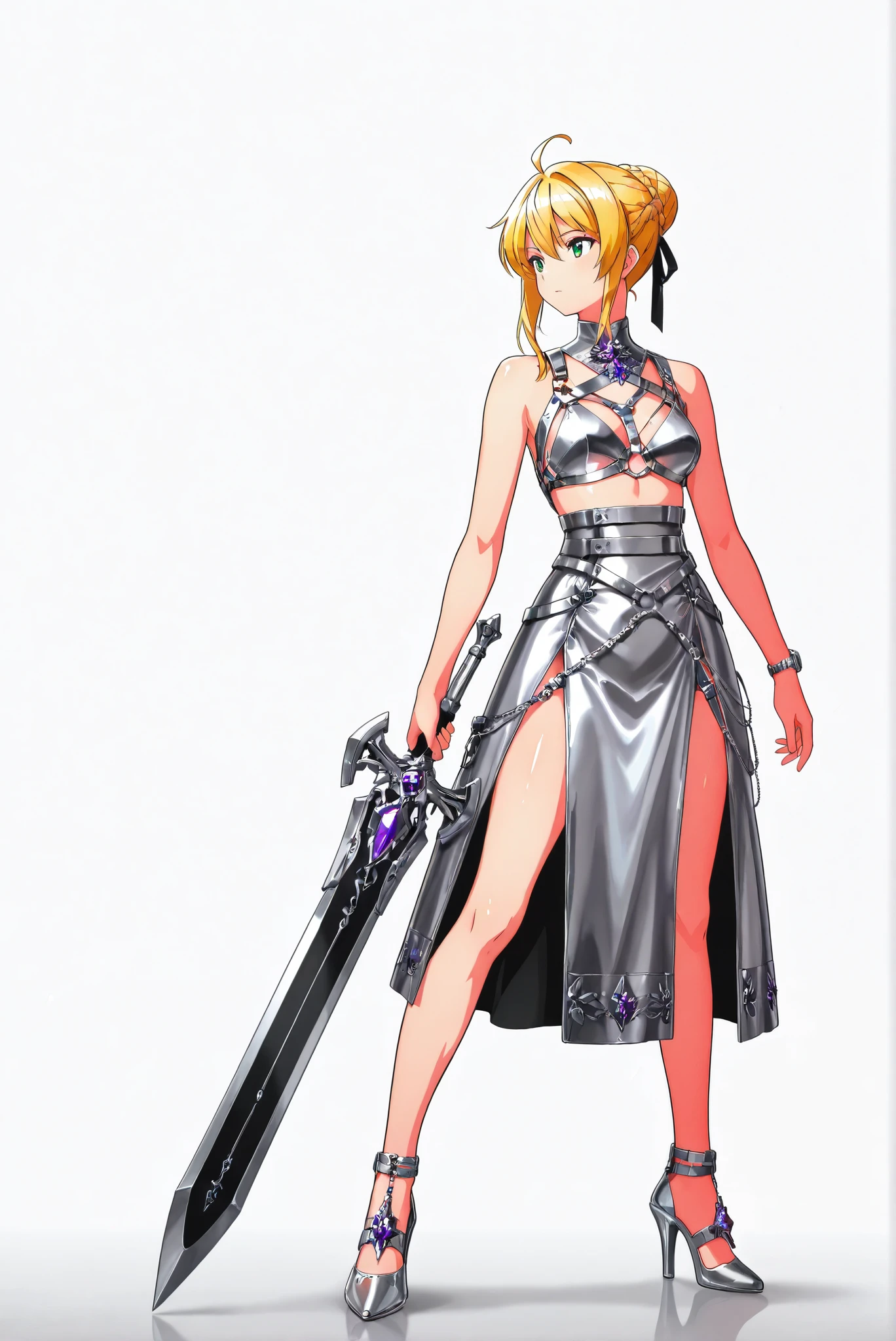 Giant Weapon, sword, holding sword, holding a weapon ,, weapon, holding weapon, ( white background, stands,whole body, high heels, front view,Standing picture:1.7),HoleHeels,oval/Circle/Thorn/Horn Heels,,limited color palette,Colorful, vivid colors ,Flashing silhouette ,neon,black light , shiny skin,watch, Masterpiece, very beautiful , 1girl , Arthur Pendragon, Arthur Pendragon \(destiny\), sword, Blonde Hair, green eyes, Ahog, Side Chain, bun, single bun, braid, dress, ribbon, hair ribbon, amethyst armor , amethyst, 盔甲ed dress,alth4rness, silver-mode, silver bra-harness, silver leg-harness, silver waist-harness