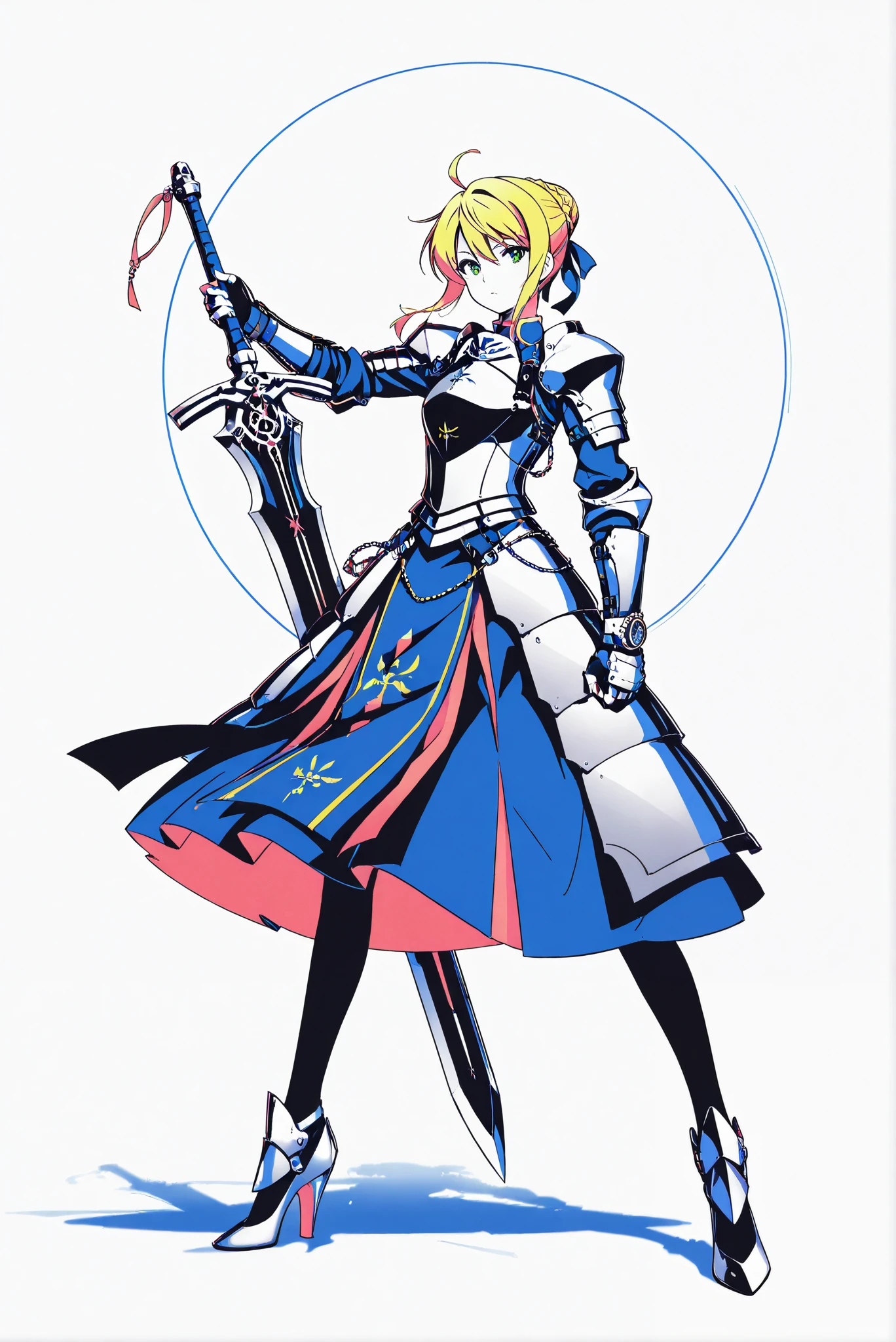 Giant Weapon, sword, holding sword, holding a weapon ,, weapon, holding weapon, ( white background, stands,whole body, high heels, front view,Standing picture:1.7),HoleHeels,oval/Circle/Thorn/Horn Heels,,limited color palette,Colorful, vivid colors ,Flashing silhouette ,neon,black light ,watch, Masterpiece, very beautiful , 1girl , Arthur Pendragon, Arthur Pendragon \(destiny\), sword, Blonde Hair, green eyes, Ahog, Side Chain, bun, single bun, braid, dress, ribbon, hair ribbon, armor, Hand Guard , armored dress,