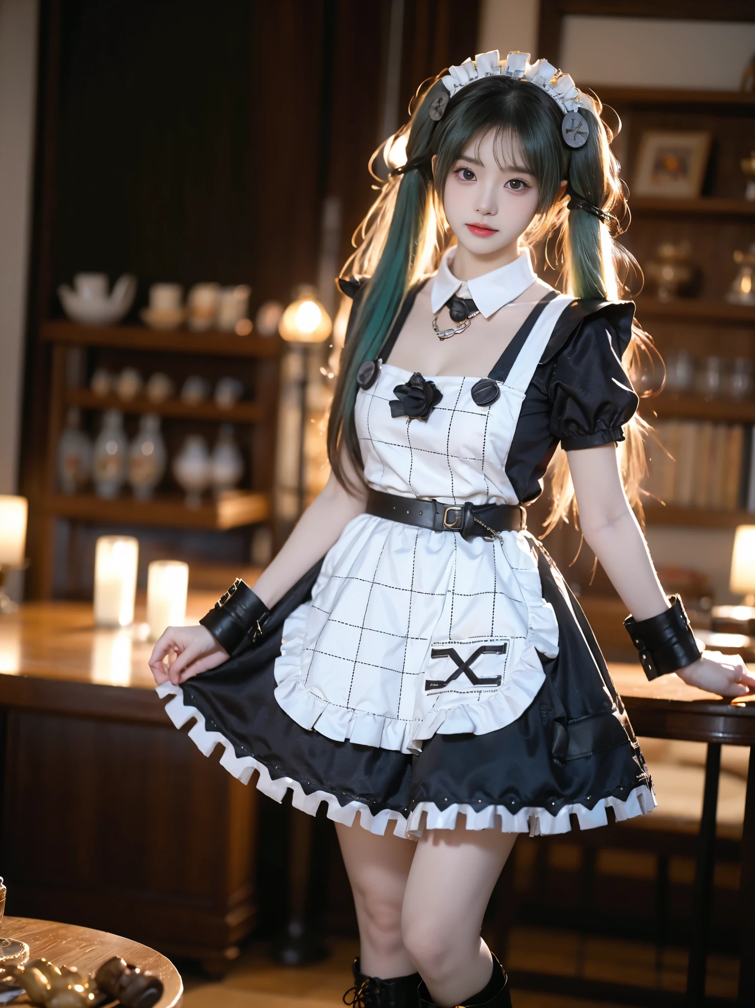 corin cosplay costume,corin,cosplay,long hair,green hair,twintails,hair ornament,maid,dress,frilled dress,frills,apron,maid apron,maid headdress,puffy short sleeves,belt,chain,wrist cuffs,cuffs,handcuffs,ribbon,boots,knee boots
(photorealistic:1.3), masterpiece, best quality, ultra-detailed,beautiful asian woman, fashion model, (Full bust, visible cleavage, very short hemline), (Beautiful romantic style), (elegant contrapposto stance:1.4), (upright posture:1.3), (poised and graceful:1.2), (naturally balanced pose),(long slender legs:1.3), (perfectly proportioned legs), (smooth skin texture:1.2), (anatomically correct legs),(romantic atmosphere), (soft ambient light), (subtle moonlight:1.1),volumetric lighting, cinematic lighting, rim lighting,high detail skin texture, fine details, sharp focus,shallow depth of field, soft bokeh,8k uhd,