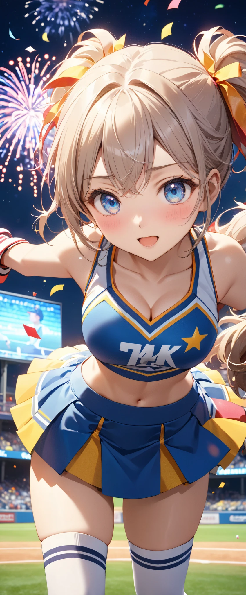 Highest quality, Super quality, 16K, Incredibly absurd, Very detailed, 2.5D, delicate and dynamic, baseball Ground, stand, Colorful Stage, Tiny faint lights and flying confetti, night, Starry Sky, firework, Electronic bulletin board, , , Small face, Extremely delicate facial expression, Delicate eye depiction, Upper body close-up, erotic, sole sexy lady, healthy shaped body, 22 years old lady, Cheerleader, 170cm tall, huge firm bouncing busts, 色鮮やかなCheerleaderのコスチューム, A complex costume, baseball cap, long socks, sports shoes, support, cheer leading, Fox Dance