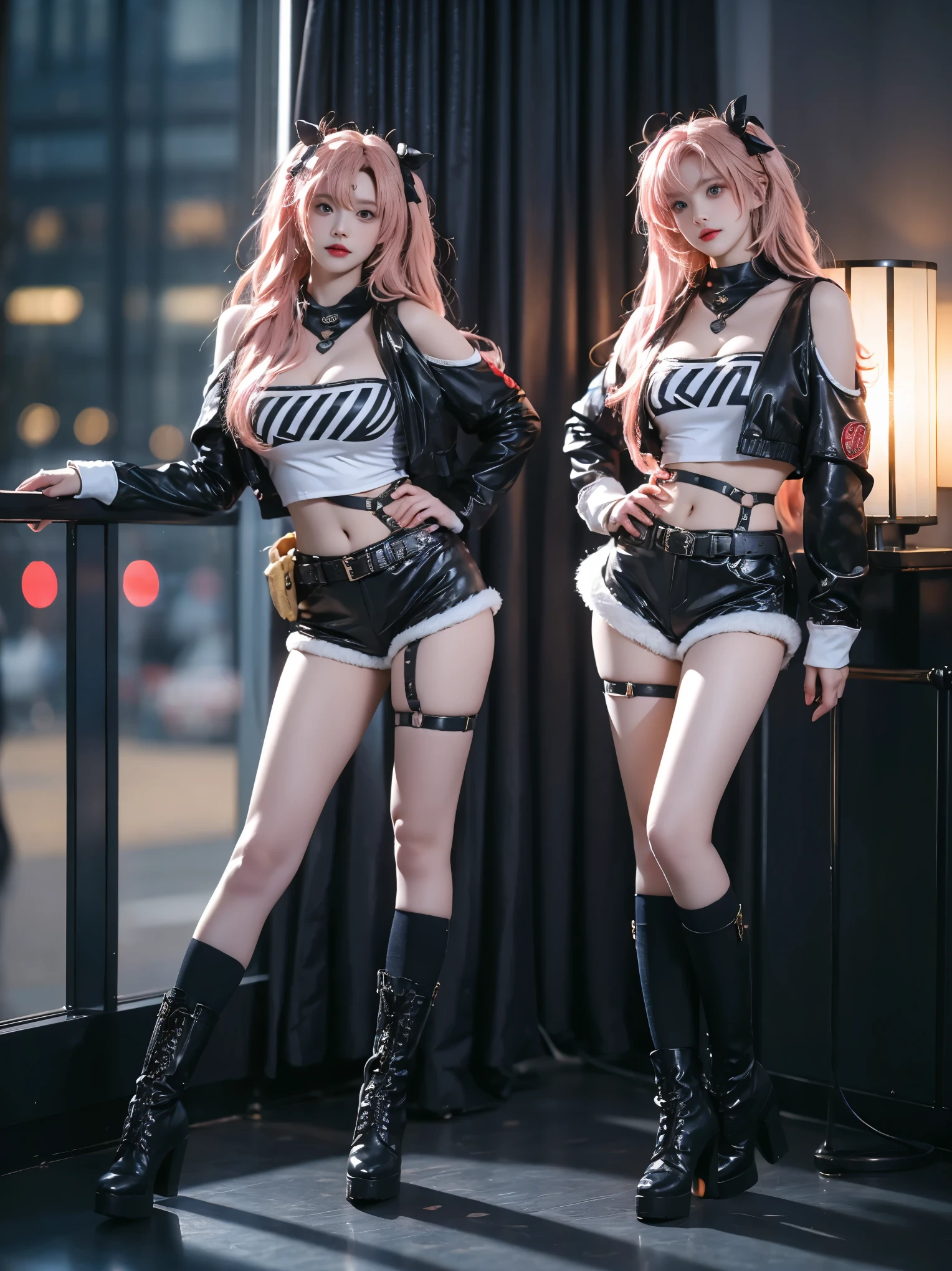 nicole cosplay costume,cosplay,long hair,pink hair,cropped jacket,print crop top,shorts,long sleeves,shoulder cutout,belt,thigh strap,ribbon,hair ribbon,hairclip,hair ornament,two side up,asymmetrical legwear,single sock,single thighhigh,torn legwear,boots,high heel boots
(photorealistic:1.3), masterpiece, best quality, ultra-detailed,beautiful asian woman, fashion model, (Full bust, visible cleavage, very short hemline), (Beautiful romantic style), (elegant contrapposto stance:1.4), (upright posture:1.3), (poised and graceful:1.2), (naturally balanced pose),(long slender legs:1.3), (perfectly proportioned legs), (smooth skin texture:1.2), (anatomically correct legs),(romantic atmosphere), (soft ambient light), (subtle moonlight:1.1),volumetric lighting,  cinematic lighting, rim lighting,high detail skin texture, fine details, sharp focus,shallow depth of field, soft bokeh,8k uhd,