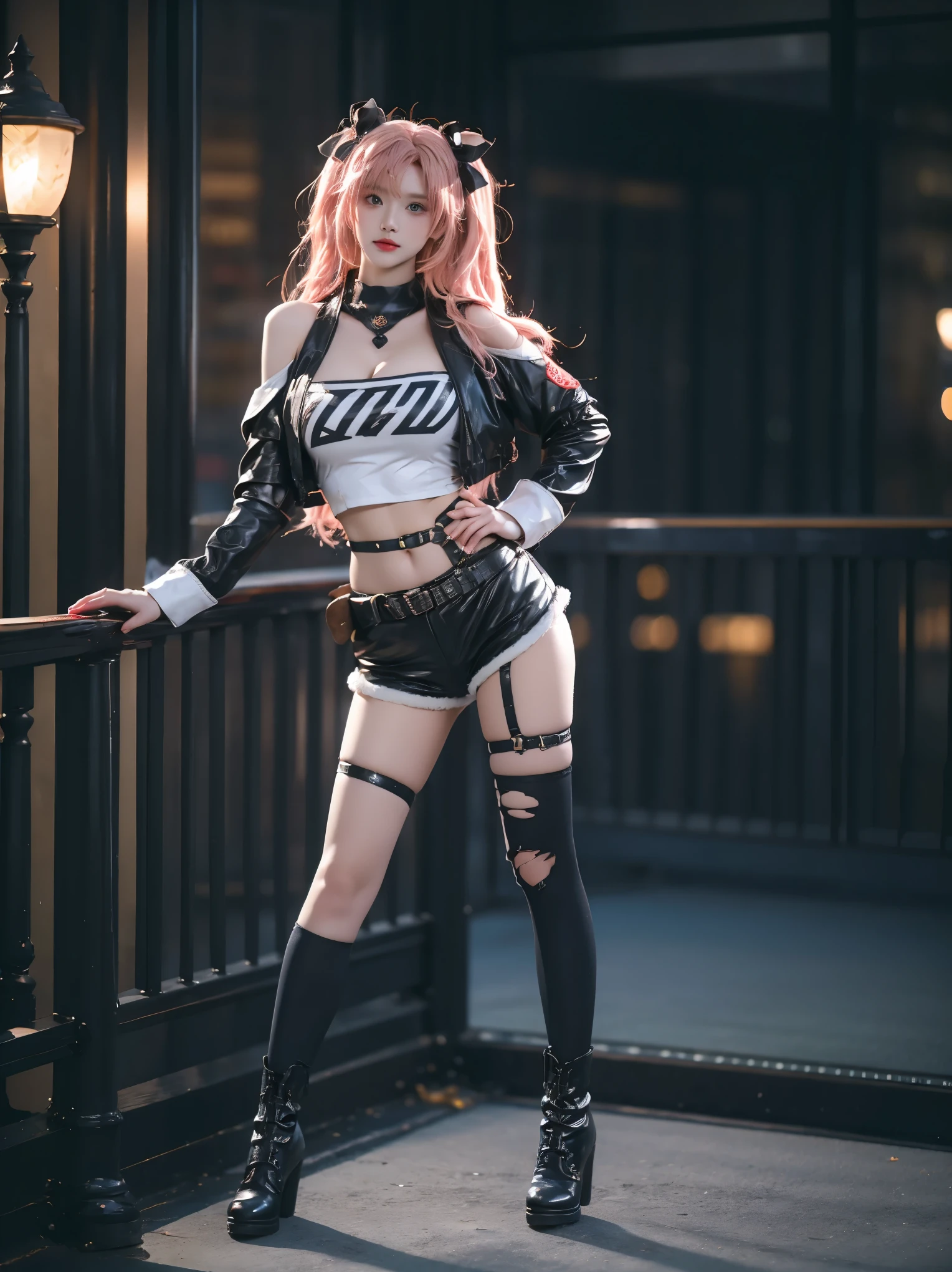 nicole cosplay costume,cosplay,long hair,pink hair,cropped jacket,print crop top,shorts,long sleeves,shoulder cutout,belt,thigh strap,ribbon,hair ribbon,hairclip,hair ornament,two side up,asymmetrical legwear,single sock,single thighhigh,torn legwear,boots,high heel boots
(photorealistic:1.3), masterpiece, best quality, ultra-detailed,beautiful asian woman, fashion model, (Full bust, visible cleavage, very short hemline), (Beautiful romantic style), (elegant contrapposto stance:1.4), (upright posture:1.3), (poised and graceful:1.2), (naturally balanced pose),(long slender legs:1.3), (perfectly proportioned legs), (smooth skin texture:1.2), (anatomically correct legs),(romantic atmosphere), (soft ambient light), (subtle moonlight:1.1),volumetric lighting, cinematic lighting, rim lighting,high detail skin texture, fine details, sharp focus,shallow depth of field, soft bokeh,8k uhd,