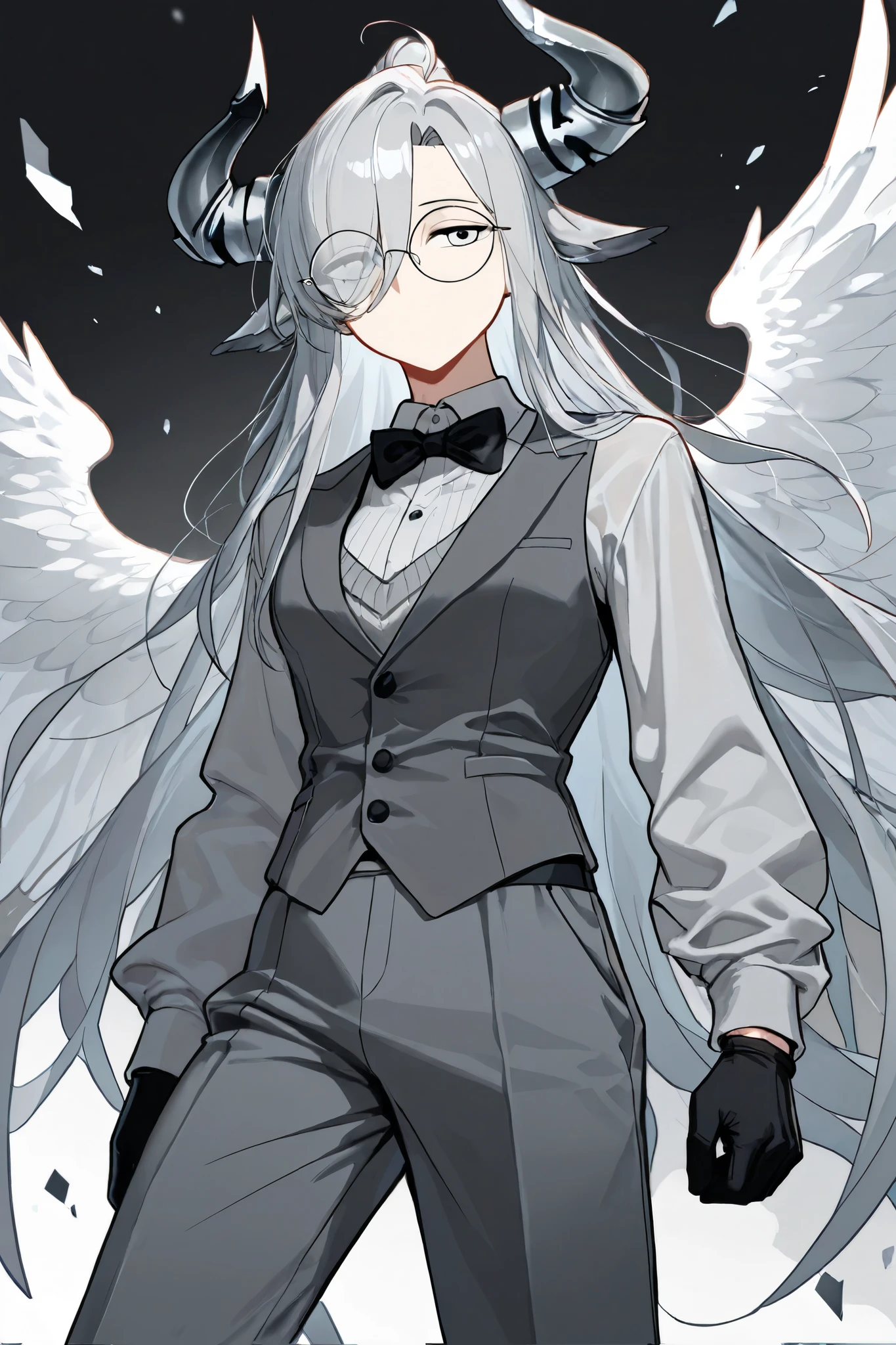 Ghostwalker has grey horns that curve around his head before going upwards. The left horn has a see through substance replacing the broken piece. He has wings made of the same substance, sometimes none visible. His eyes is X has round glasses, and lacks a mouth.
He wears a light grey sweater with a old-fashioned dark-grey vest with black buttons, a bowtie, and black gloves. He wears grey pants and shoes.