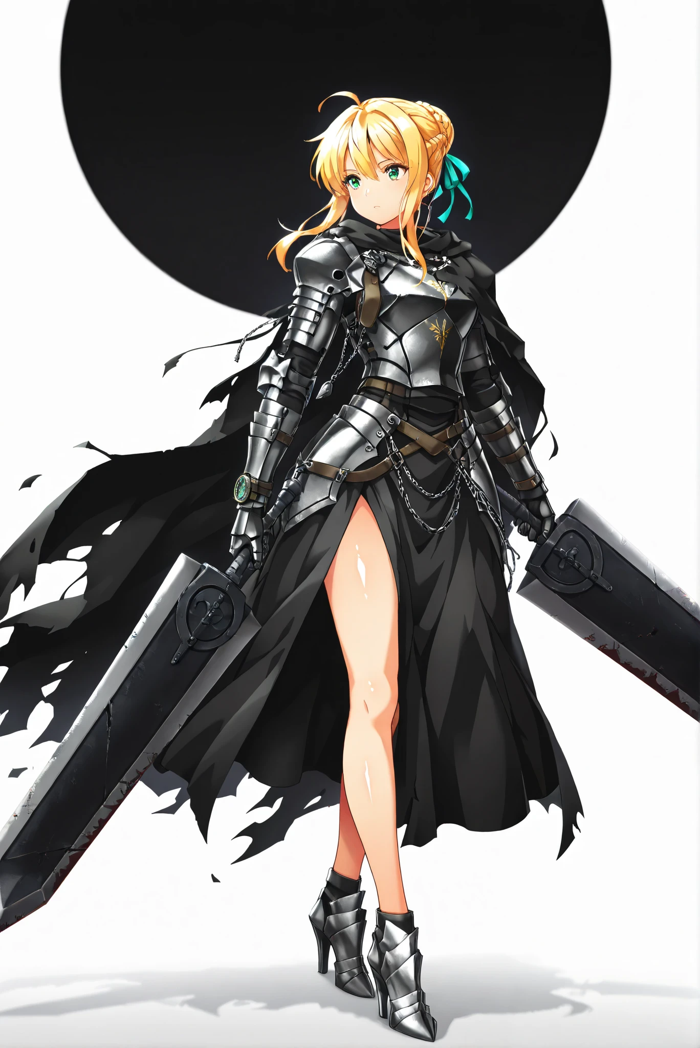 Giant Weapon, sword, holding sword, holding a weapon ,, weapon, holding weapon, ( white background, stands,whole body, high heels, front view,Standing picture:1.7),HoleHeels,oval/Circle/Thorn/Horn Heels,,Colorful, vivid colors ,Flashing silhouette ,neon,black light , shiny skin,watch, Masterpiece, very beautiful , 1girl , Arthur Pendragon, Arthur Pendragon \(destiny\), sword, Blonde Hair, green eyes, Ahog, Side Chain, bun, single bun, braid, dress, ribbon, hair ribbon, courage_armor, 黑色armor, whole bodyarmor, Broken Cloak , 龍殺手之sword-II.v1.0, Holding - Dragon Slayer, Giant Weapon, sword, holding sword, holding a weapon ,