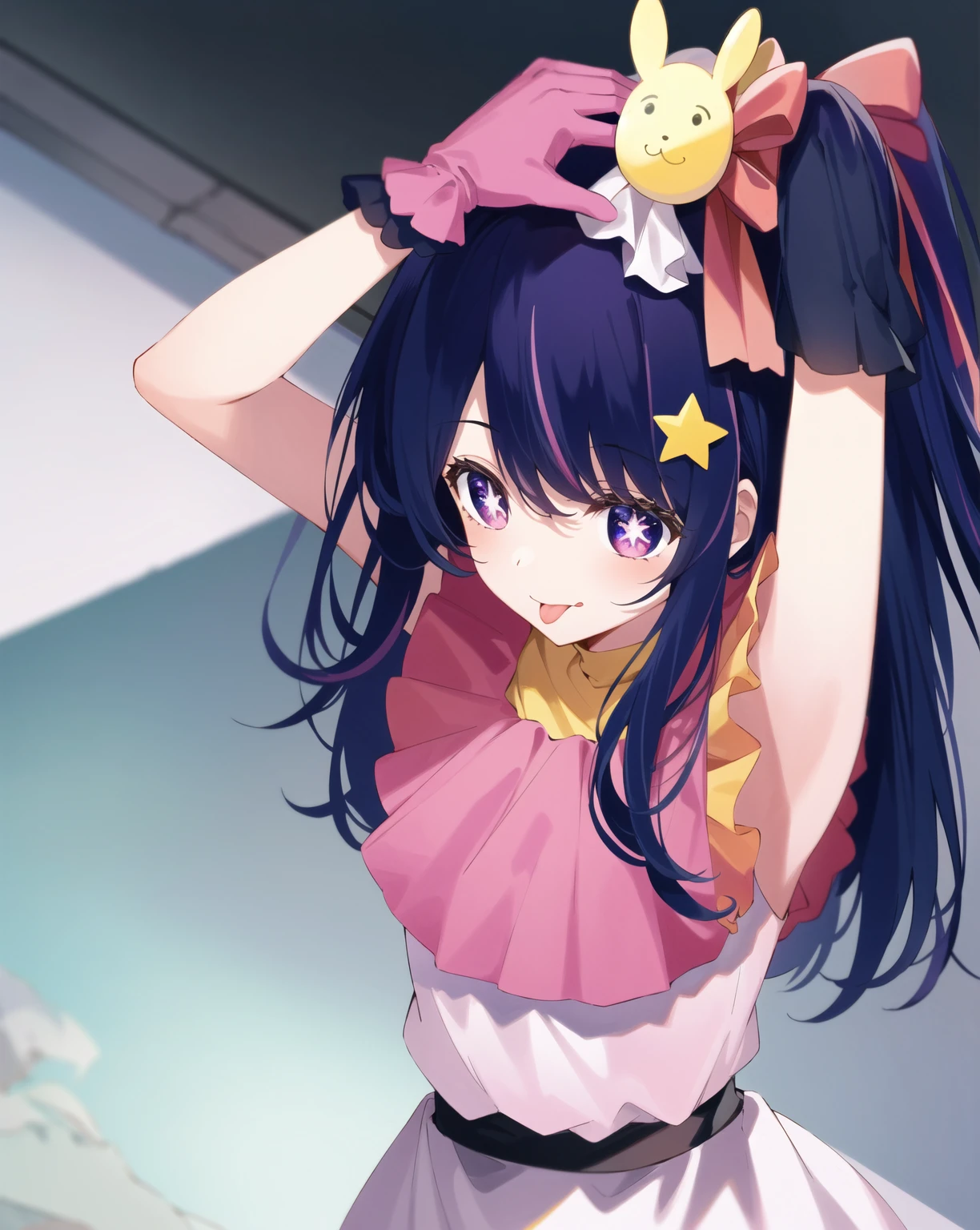 (Perfect body),Best Quality,16 K,(Lori)、((blush)),(Long hair), (((Black eyes))),thick thight,((((Dark blue hair)))),Standing,Sweat,flabbergasted,(((small tits))),Big ass,cowboys_shots,((((Navy blue straight hair)))),hair clips,(Yellow sleeveless_frilld_jaket),(((Take off your clothes、  are protruding)))、(((Pink ruffled mini skirt))),(((Light blue striped panties))),(white knee-socks),(whitegloves),(((((Panchira))))),Big ass,flat chest、(thick thighs)、blush、(is crying)、is standing,((( short in stature))),((Smile)),((headset on head)),((Nekomimi))、(((Left arm up))),((Singing)),((Dynamic Pose)),(((Idol))),(((((1girl in))))),(((pink bowtie)))、((Armpit))、((Jumping)),(((From below))),Spread legs,(((embarrassed from)))