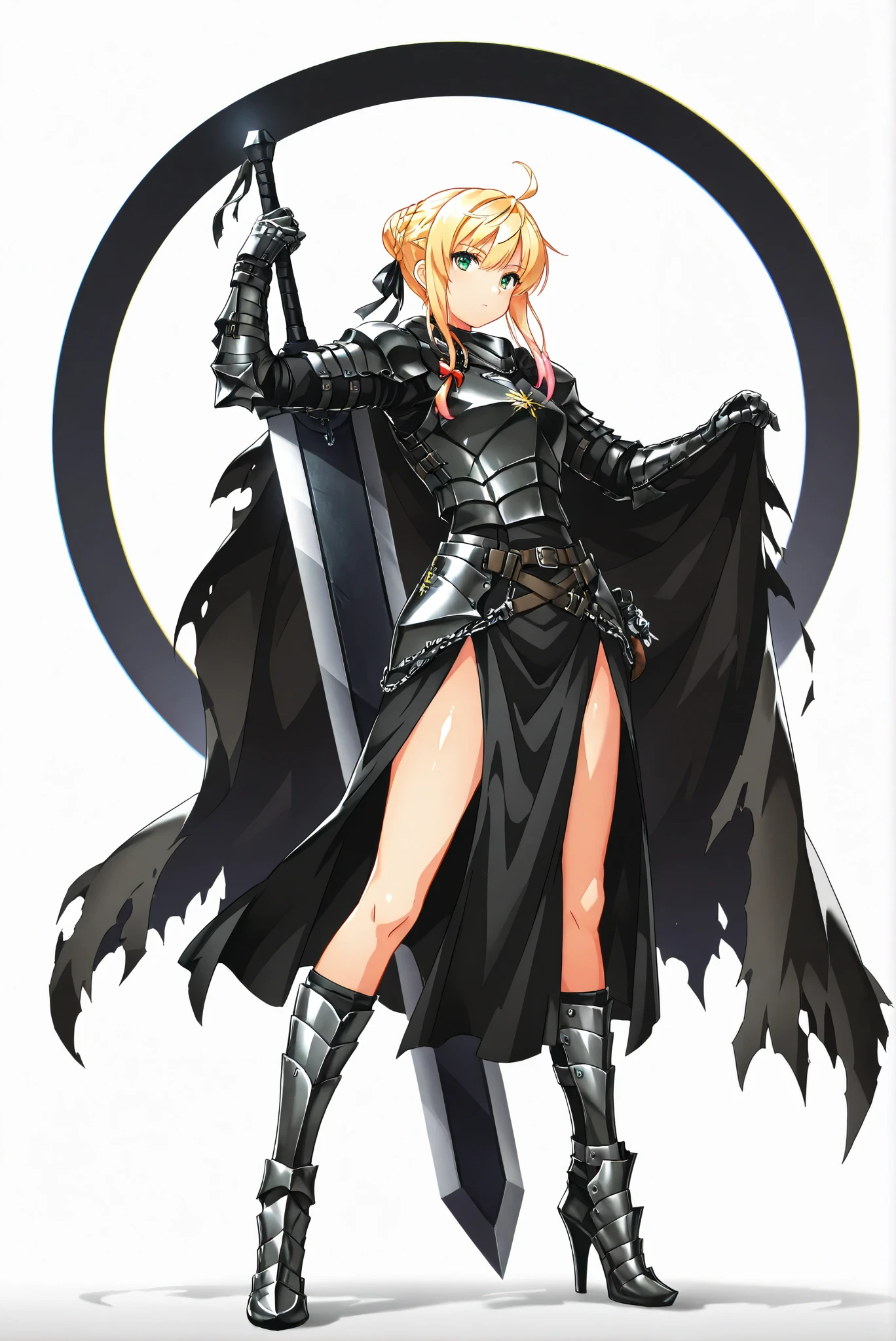 Giant Weapon, sword, holding sword, holding a weapon ,, weapon, holding weapon, ( white background, stands,whole body, high heels, front view,Standing picture:1.7),HoleHeels,oval/Circle/Thorn/Horn Heels,,Colorful, vivid colors ,Flashing silhouette ,neon,black light , shiny skin,watch, Masterpiece, very beautiful , 1girl , Arthur Pendragon, Arthur Pendragon \(destiny\), sword, Blonde Hair, green eyes, Ahog, Side Chain, bun, single bun, braid, dress, ribbon, hair ribbon, courage_armor, 黑色armor, whole bodyarmor, Broken Cloak , 龍殺手之sword-II.v1.0, Holding - Dragon Slayer, Giant Weapon, sword, holding sword, holding a weapon ,