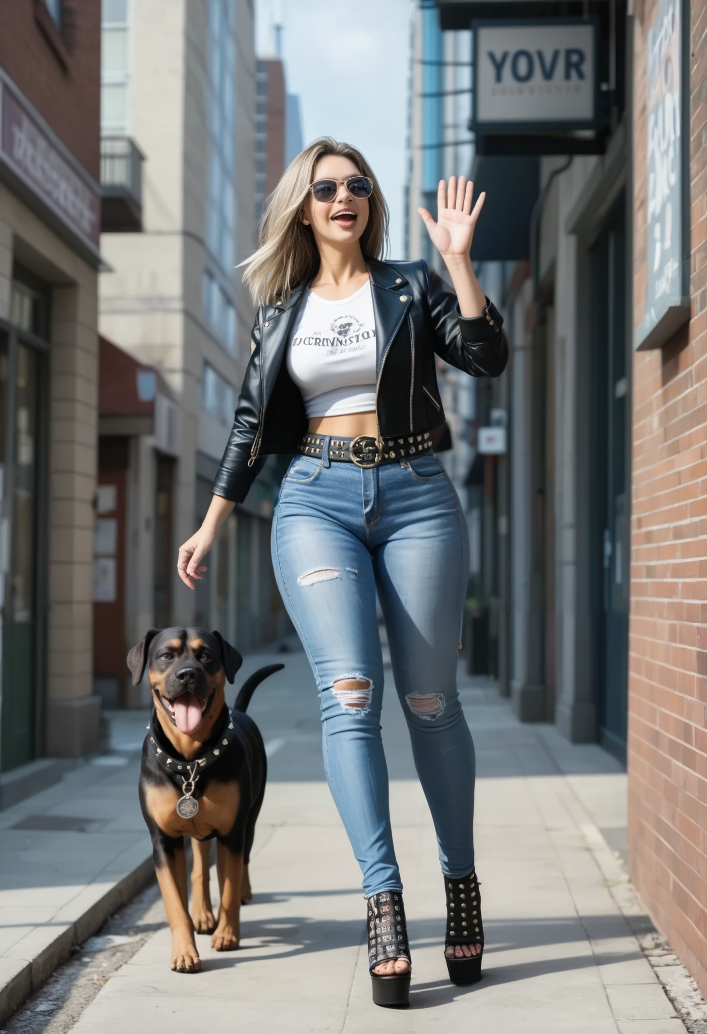 ((( best proportions 、 Height、 long legs、The best beautiful girl、（A white 20-year-old with a tall nose and a big mouth）、 Long Light Brown Hair )))、(( sunglasses、Leather riders jacket、Bad attitude、Tight denim、Distressed denim、Studded belt、 black high heels))、(( Bad Girl with a Criminal Record 、A ferocious black mastiff dog with scary eyes is barking、Walking with a ferocious dog、 Threatening Her Surrounding Area 、The dim back streets of New York、Desolate Warehouse District 、 at dusk ))､(( back view、 nice butt、Staring at me while waving))
