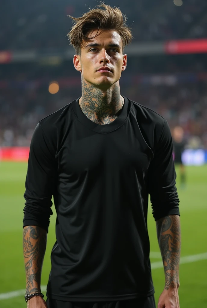 A handsome 23-year-old  with tattoos on his arms and neck, very handsome and athletic with curtain hair, Male soccer player, Black long sleeve shirt, black shorts, long black socks, evening, stadium atmosphere , brown eyes, primer plano, messy hair, athletic 